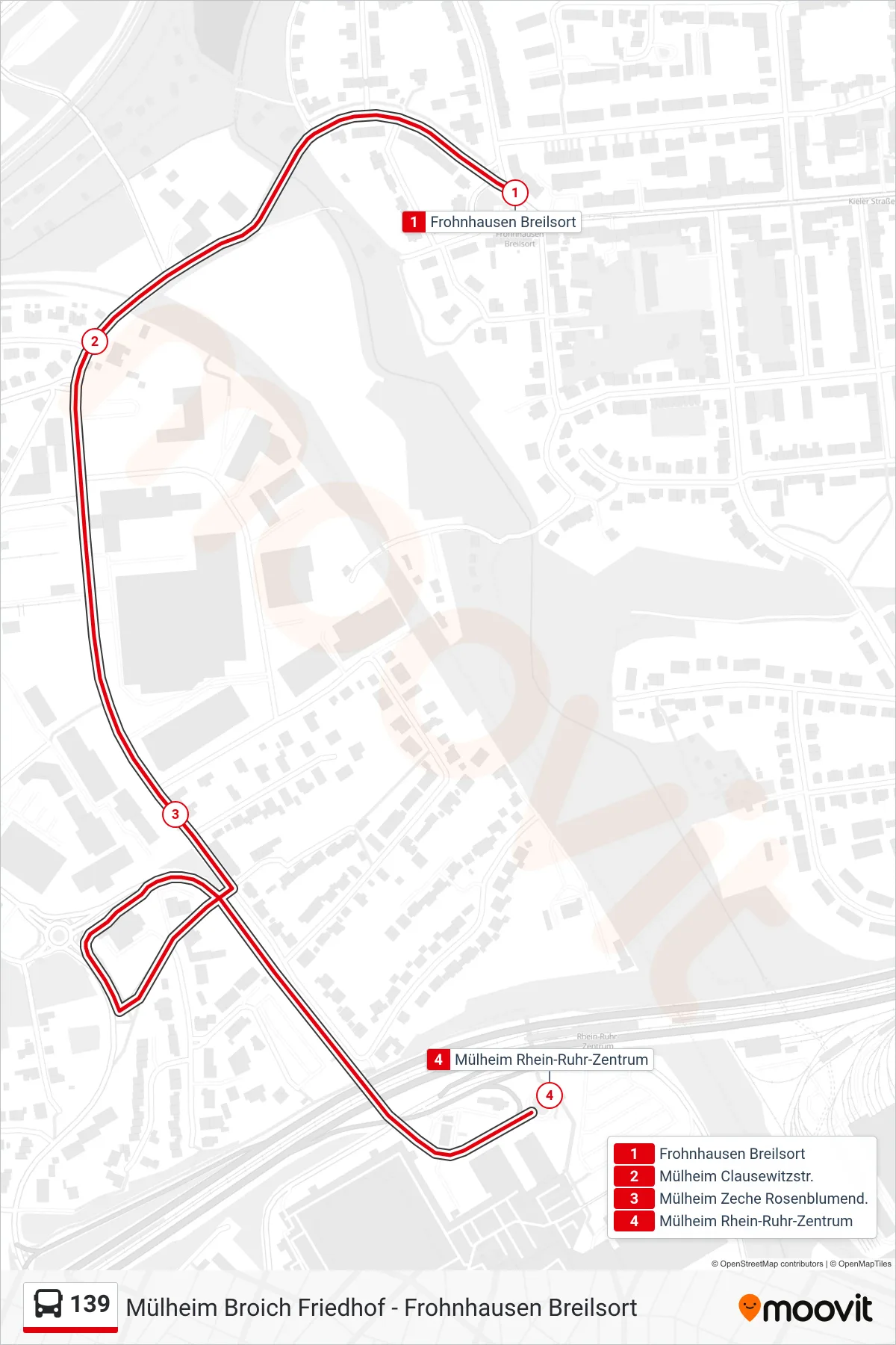 Linie 139 (Bus) Richtung Mülheim Rhein-Ruhr-Zentrum: Route und Haltestellen auf der Karte