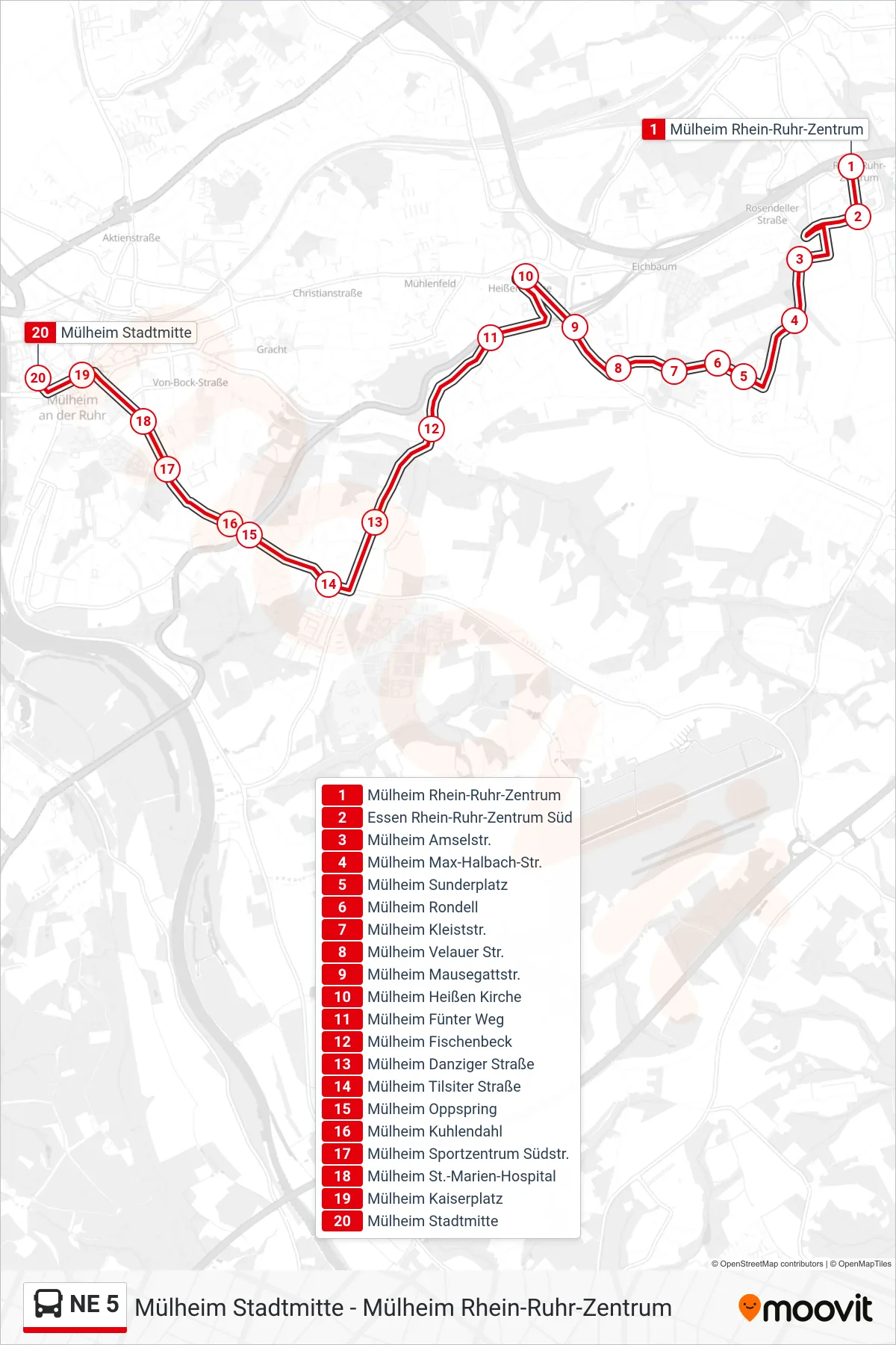 NE 5 bus Line (Mülheim Stadtmitte) route and stops on a map
