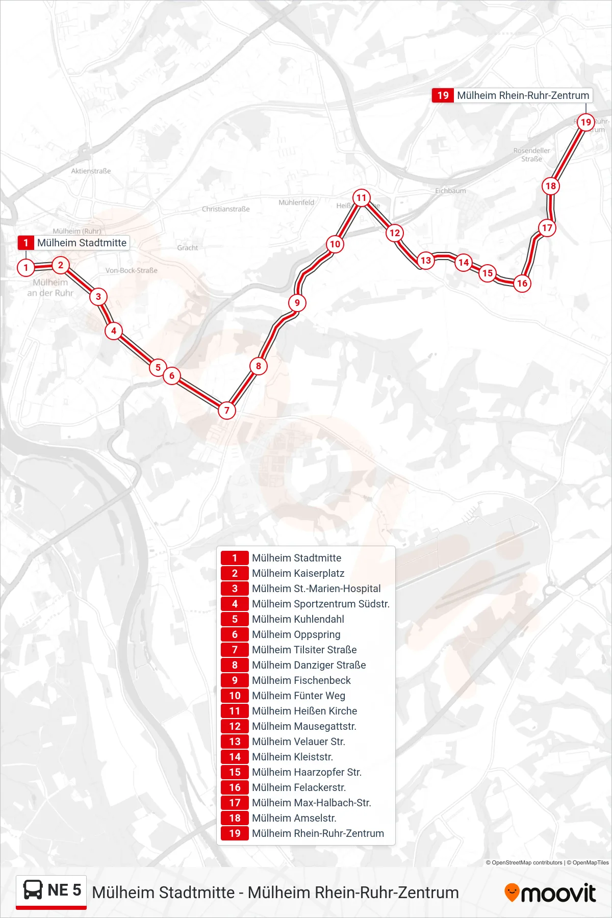 Linie NE 5 (Bus) Richtung Mülheim Rhein-Ruhr-Zentrum: Route und Haltestellen auf der Karte