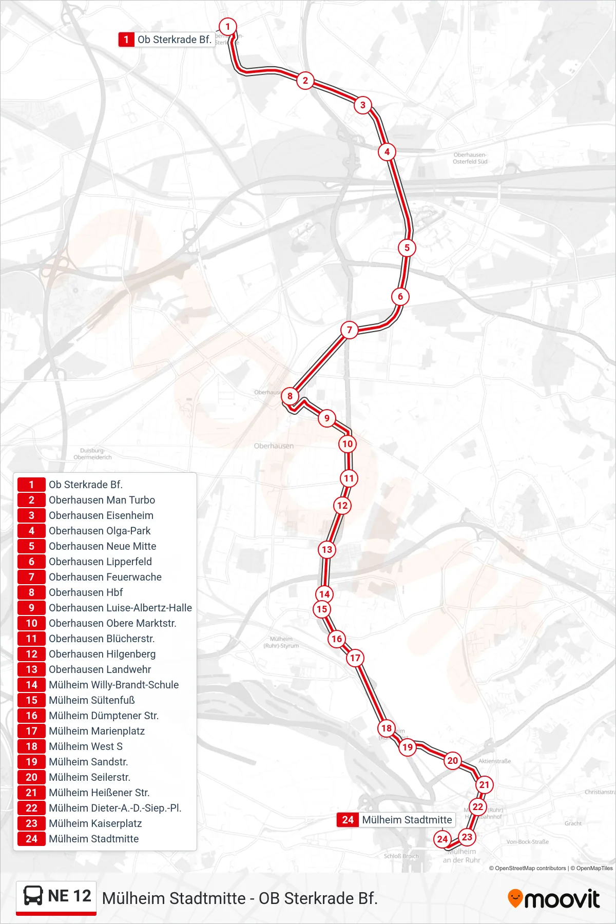 Linie NE 12 (Bus) Richtung Mülheim Stadtmitte: Route und Haltestellen auf der Karte