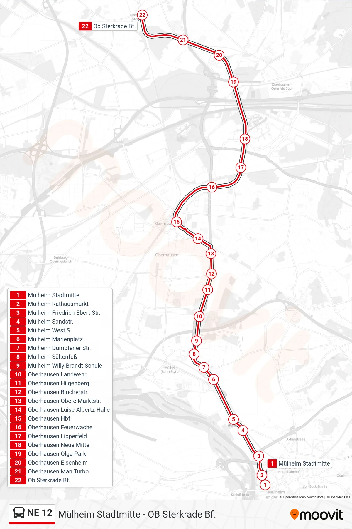 NE 12 bus Line (Ob Sterkrade Bf.) route and stops on a map