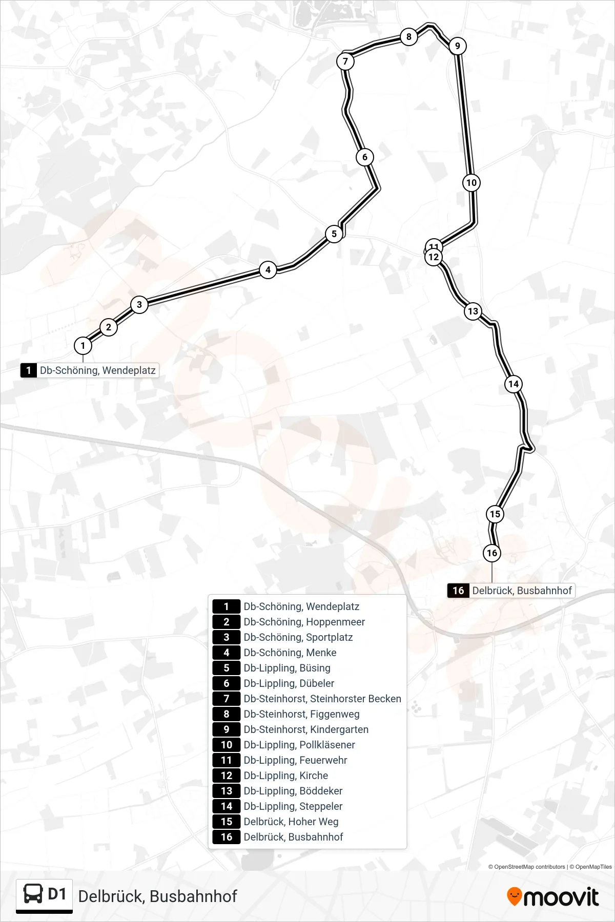 Linie D1 (Bus) Richtung Delbrück, Busbahnhof: Route und Haltestellen auf der Karte