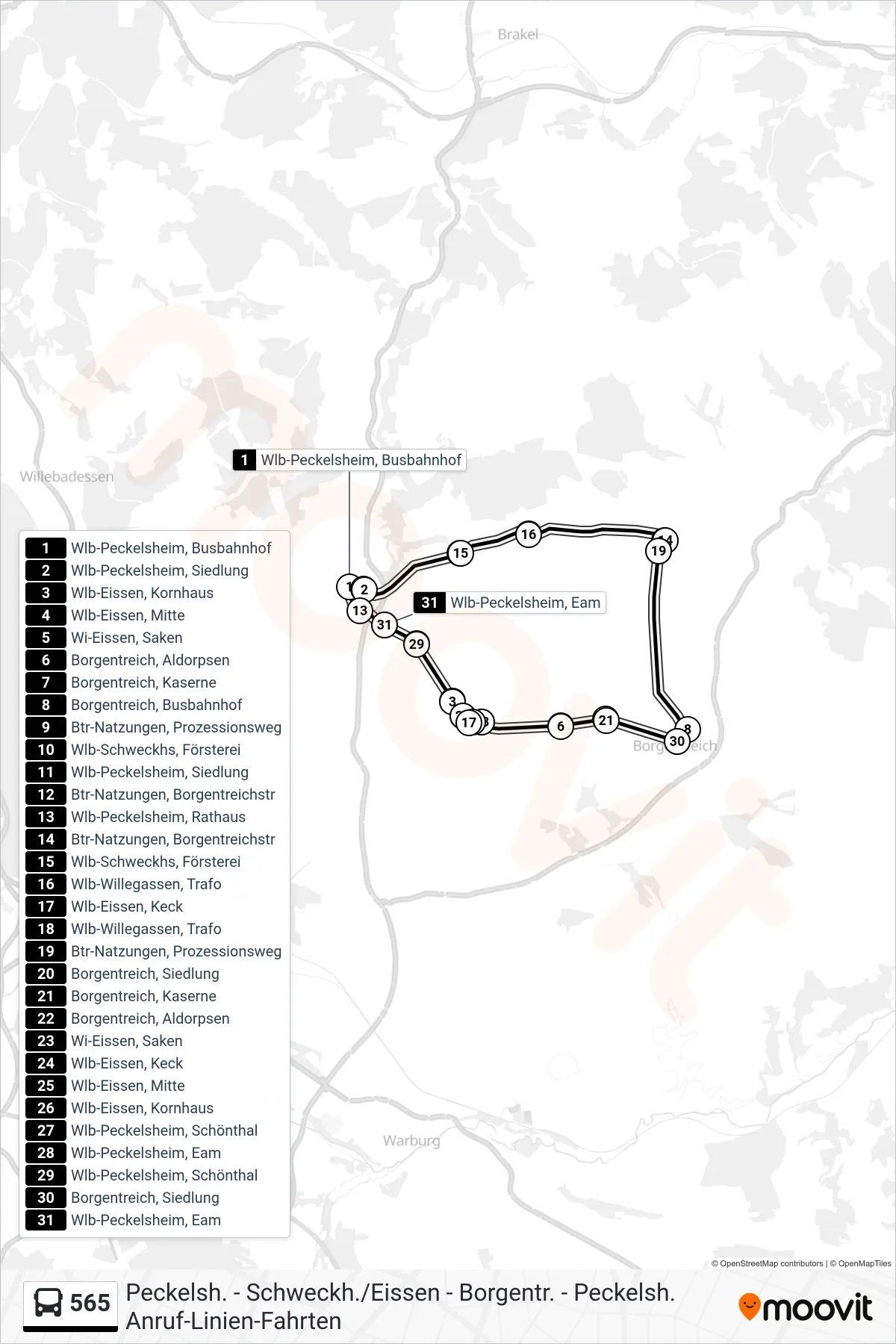 565 bus Line (Wlb-Peckelsheim, Busbahnhof) route and stops on a map