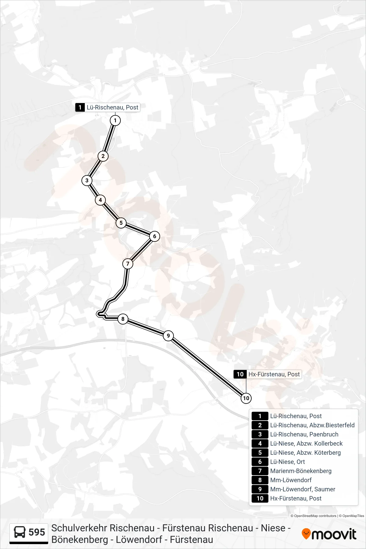 595 bus Line (Hx-Fürstenau, Post) route and stops on a map