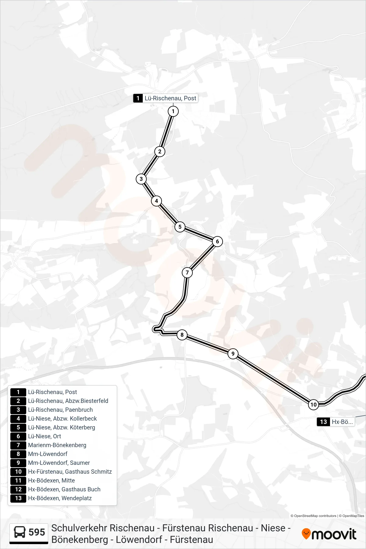 Linie 595 (Bus) Richtung Hx-Bödexen, Wendeplatz: Route und Haltestellen auf der Karte