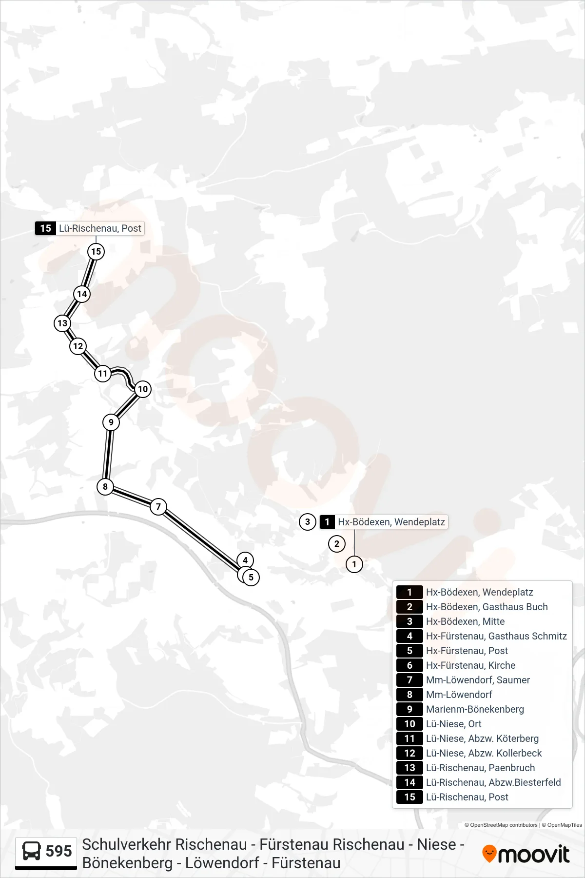 Linie 595 (Bus) Richtung Lü-Rischenau, Post: Route und Haltestellen auf der Karte