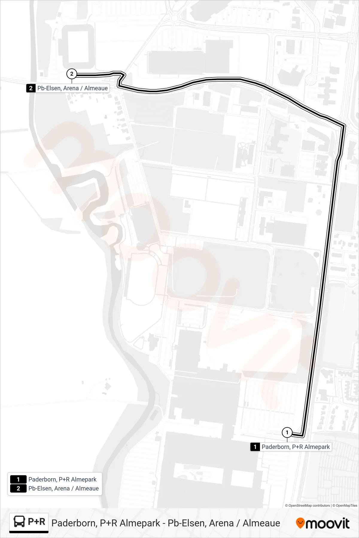 P+R bus Line (Pb-Elsen, Arena / Almeaue) route and stops on a map