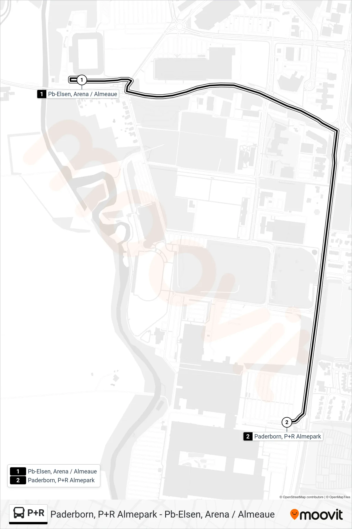 Linie P+R (Bus) Richtung Paderborn, P+R Almepark: Route und Haltestellen auf der Karte