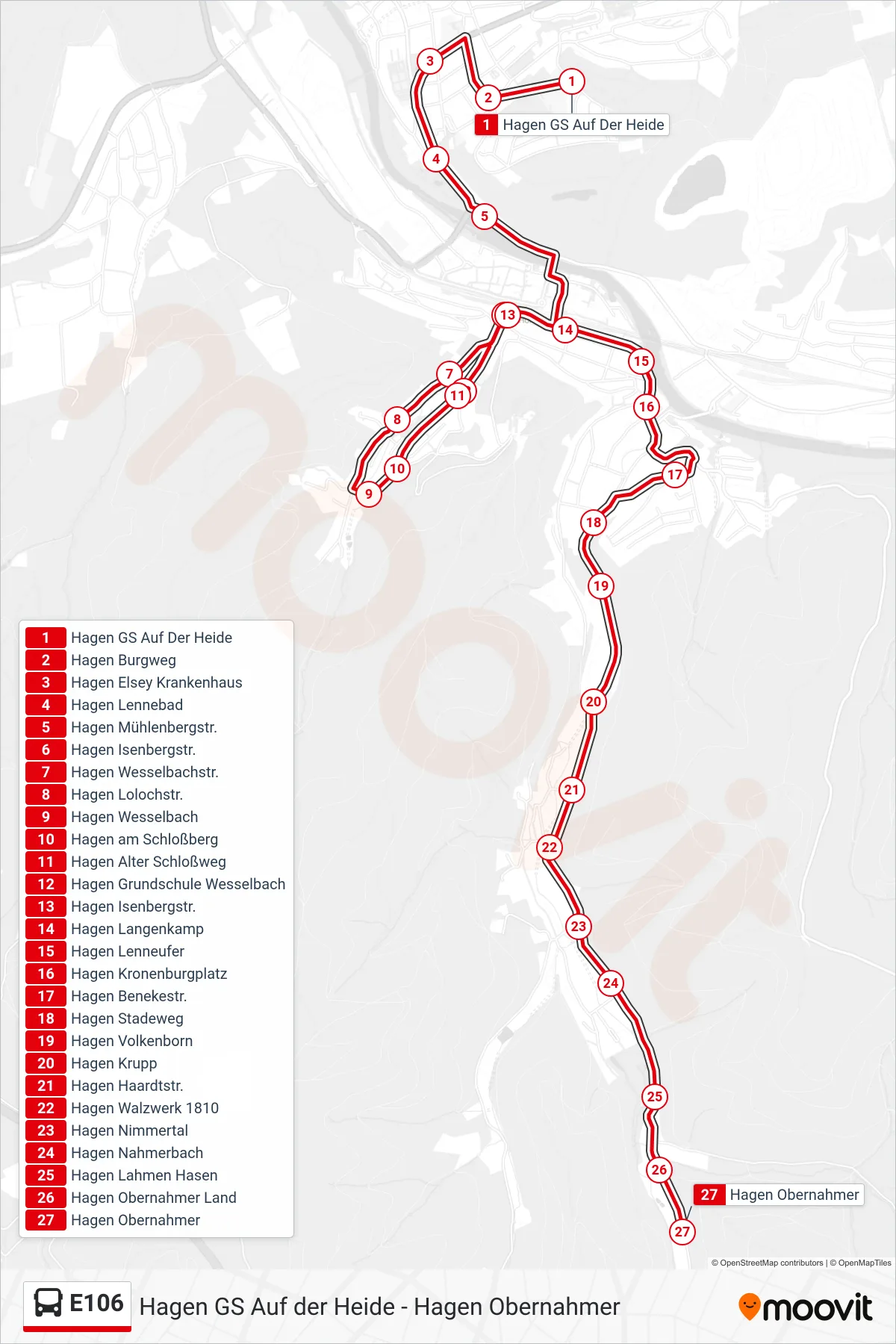 Linie E106 (Bus) Richtung Hagen Obernahmer: Route und Haltestellen auf der Karte
