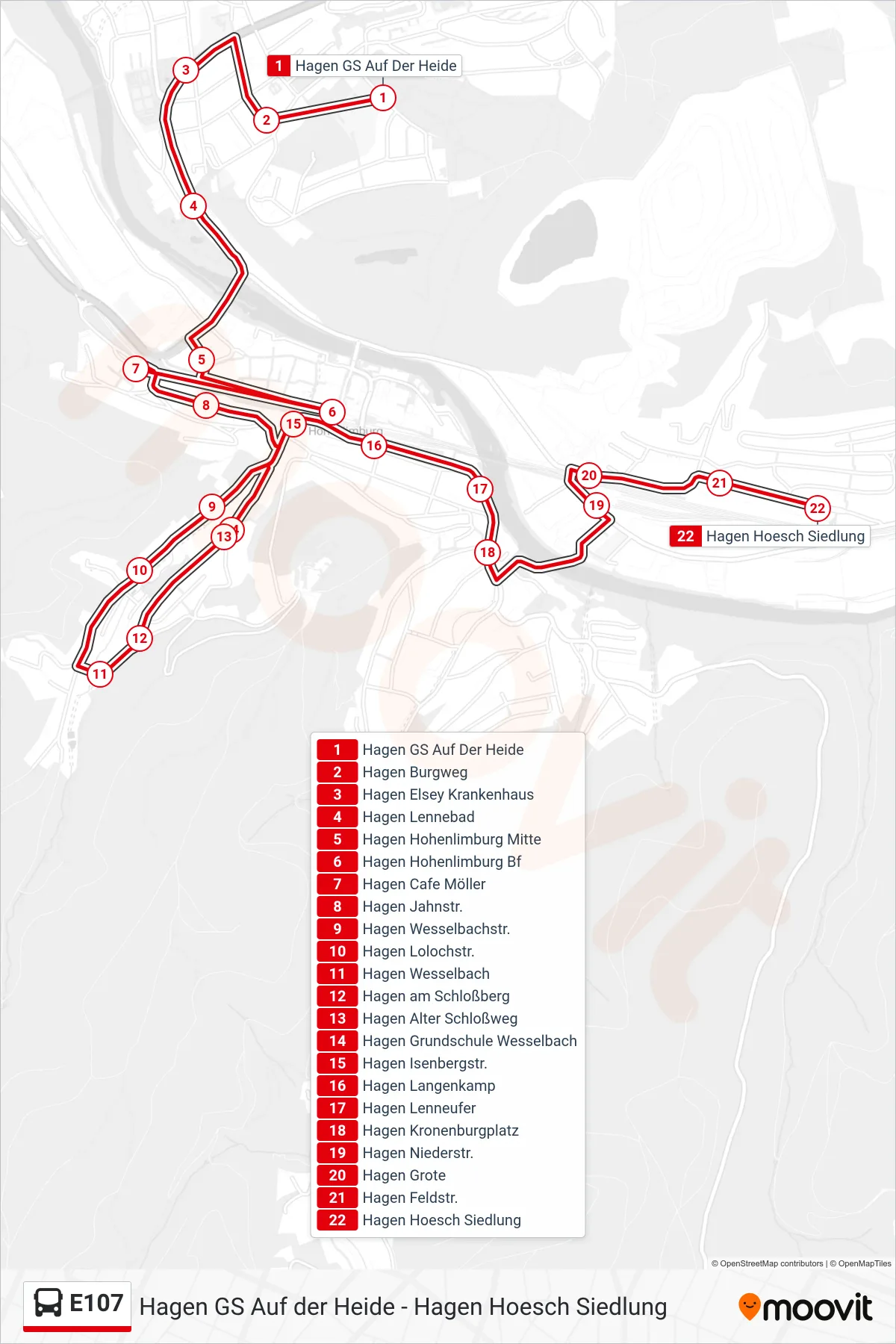 Linie E107 (Bus) Richtung Hagen Hoesch Siedlung: Route und Haltestellen auf der Karte
