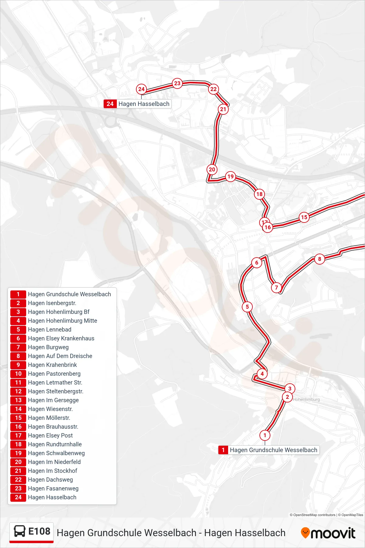 Linie E108 (Bus) Richtung Hagen Hasselbach: Route und Haltestellen auf der Karte