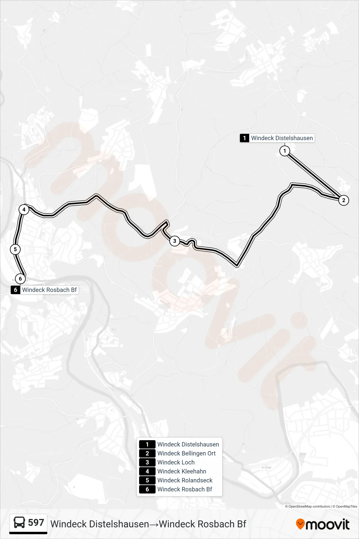 597 bus Line (Windeck Distelshausen‎→Windeck Rosbach Bf) route and stops on a map