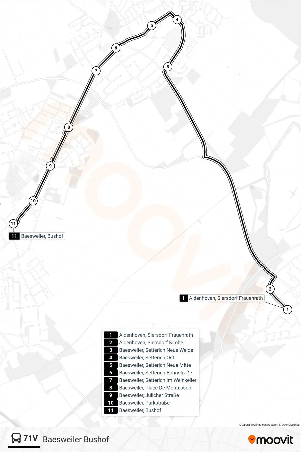 71V bus Line (Baesweiler Bushof) route and stops on a map