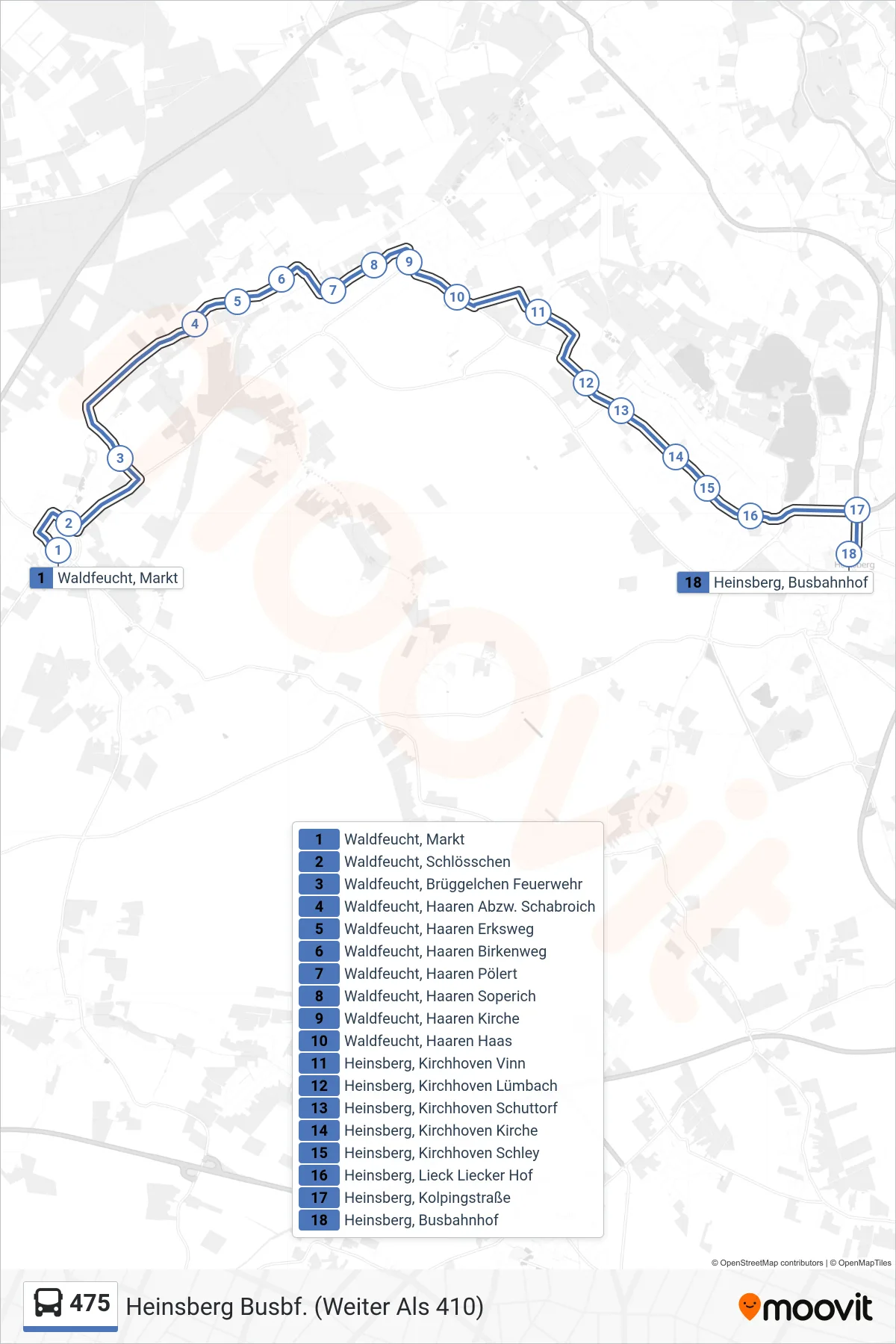 475 bus Line (Heinsberg Busbf. (Weiter Als 410)) route and stops on a map