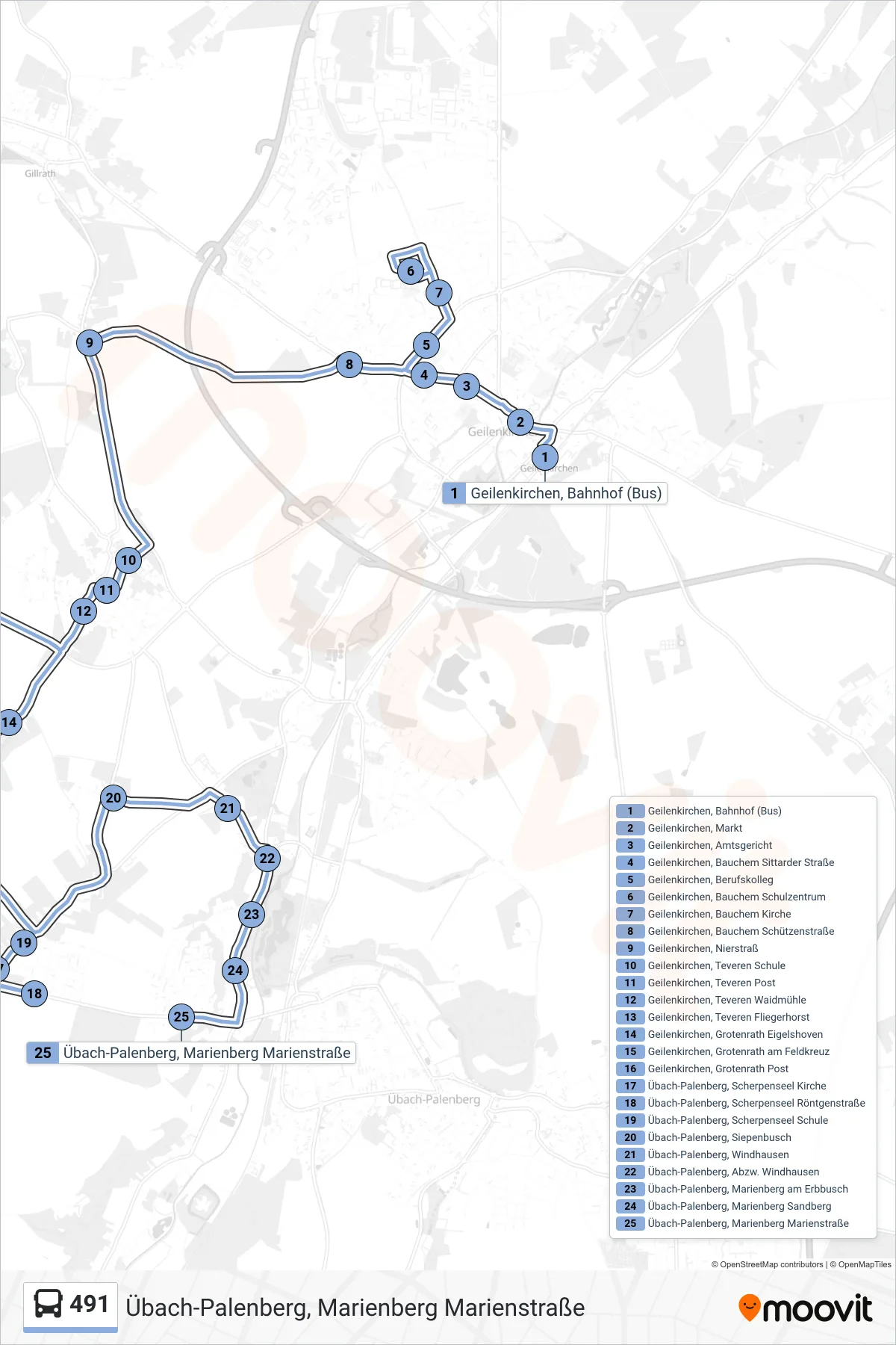 491 bus Line (Übach-Palenberg, Marienberg Marienstraße) route and stops on a map