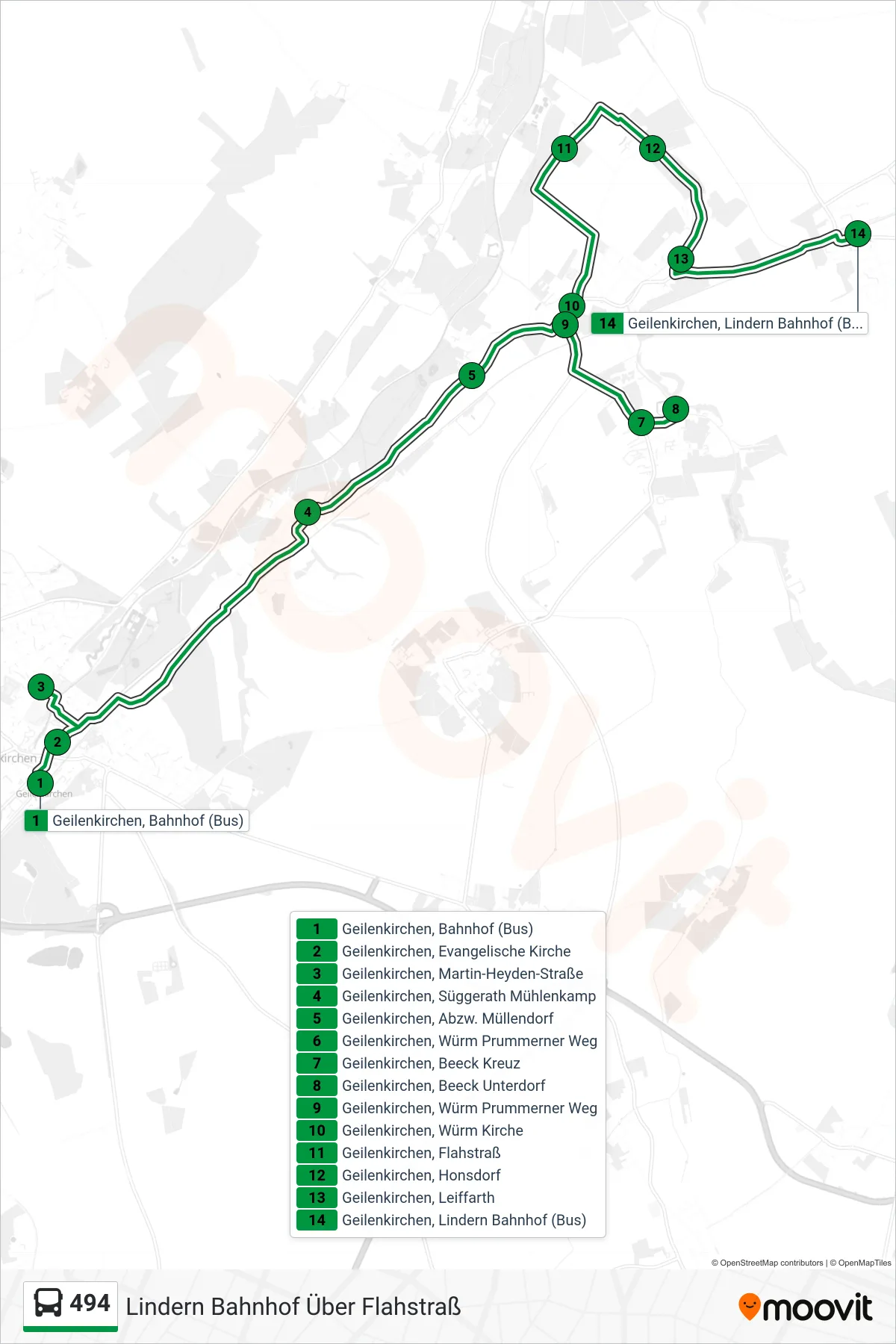 494 bus Line (Lindern Bahnhof Über Flahstraß) route and stops on a map