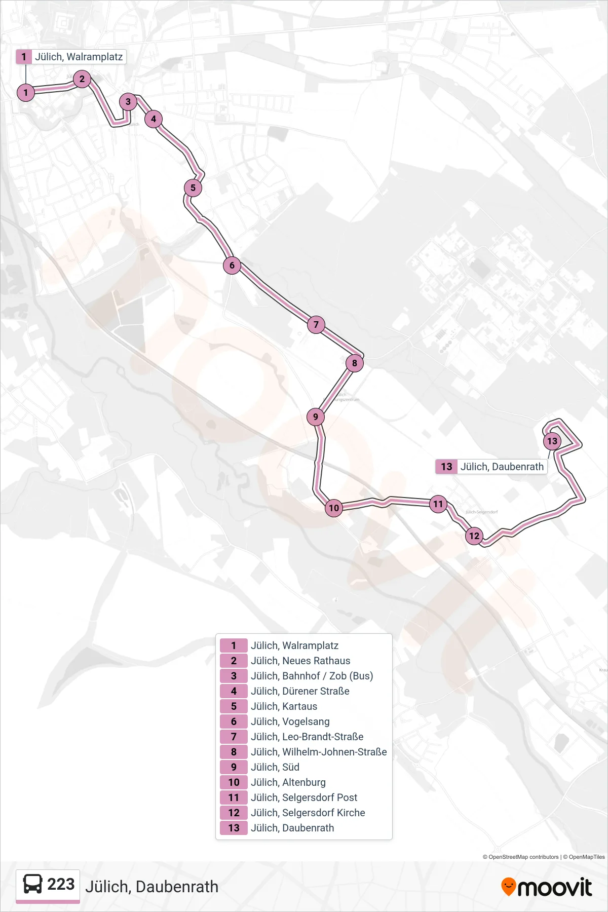 223 bus Line (Jülich, Daubenrath) route and stops on a map