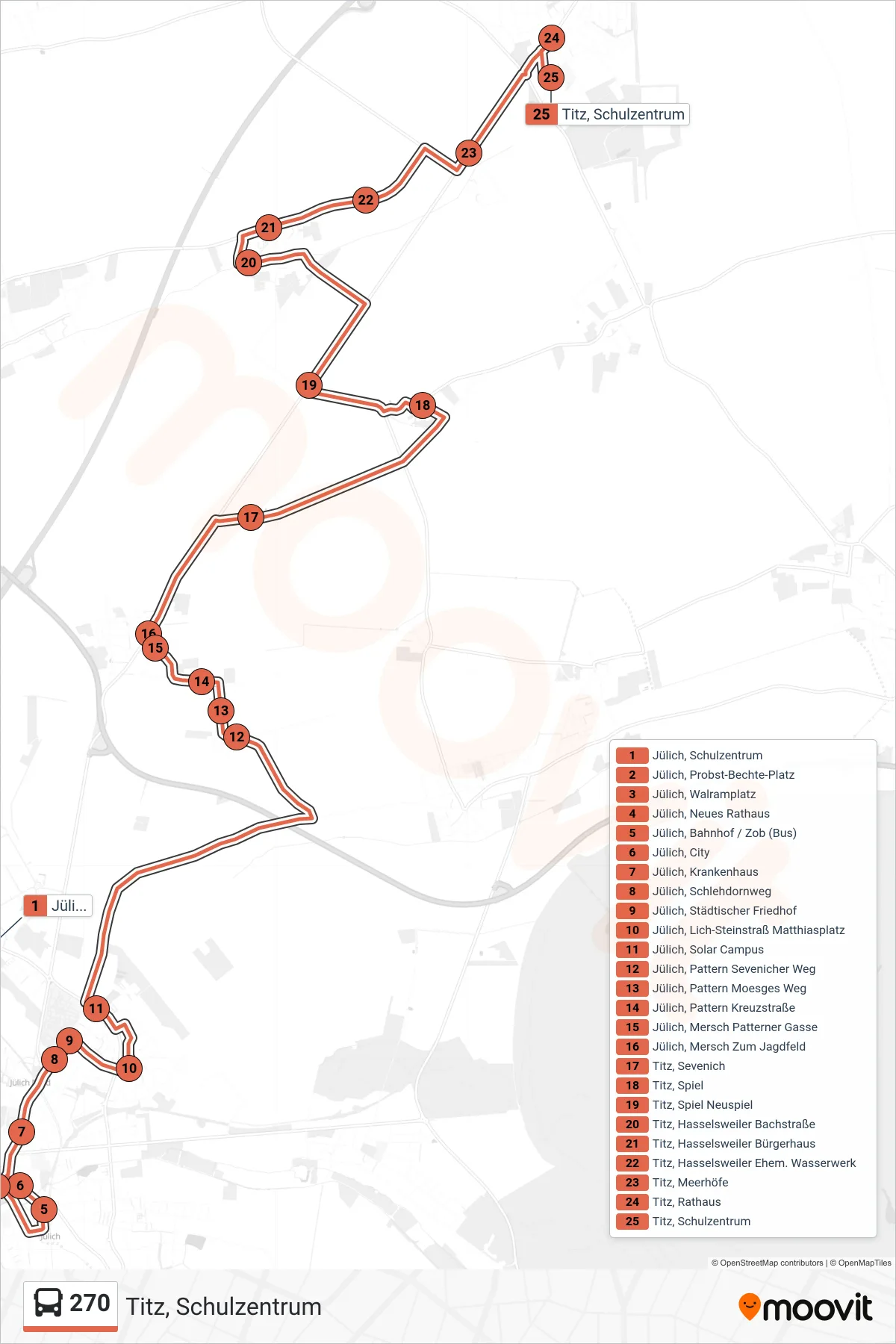 270 bus Line (Titz, Schulzentrum) route and stops on a map