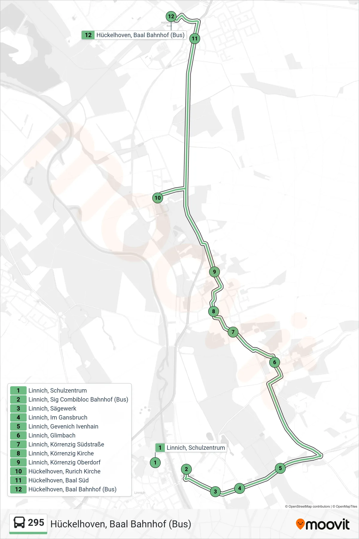 295 bus Line (Hückelhoven, Baal Bahnhof (Bus)) route and stops on a map
