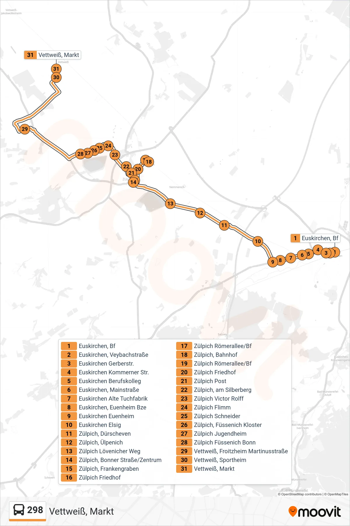 298 bus Line (Vettweiß, Markt) route and stops on a map