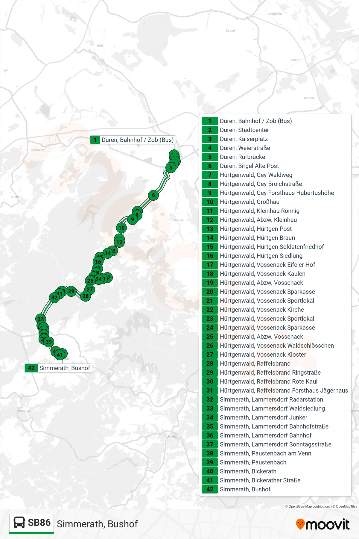 SB86 bus Line (Simmerath, Bushof) route and stops on a map