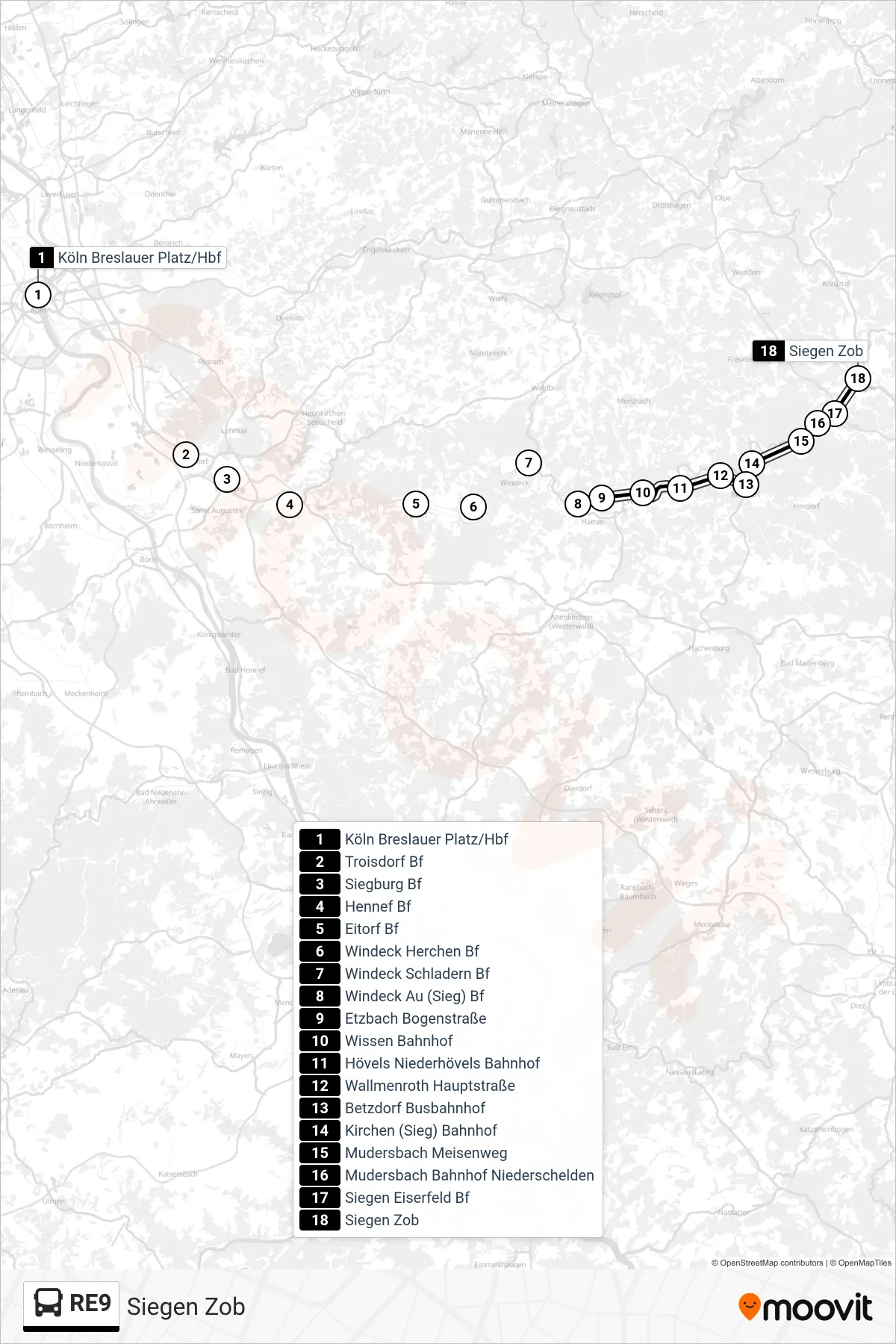 RE9 bus Line (Siegen Zob) route and stops on a map