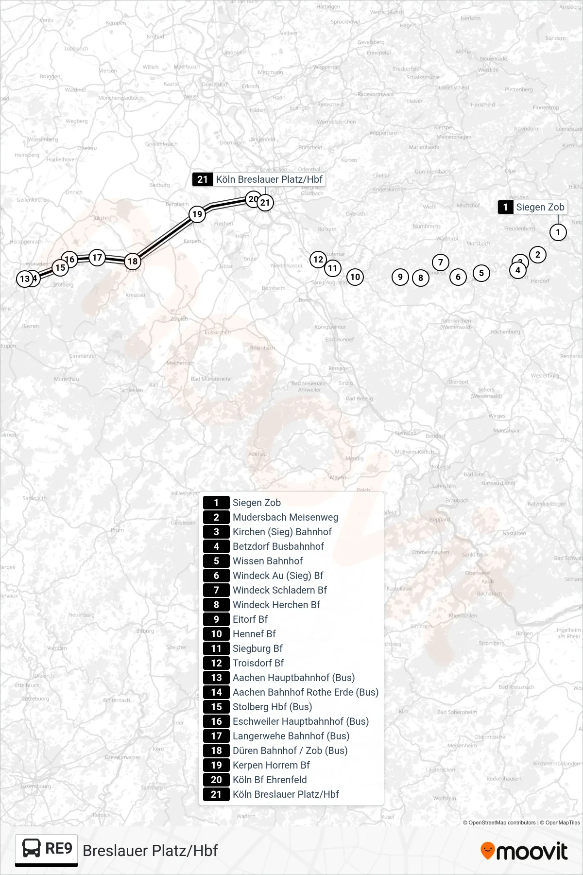 RE9 bus Line (Breslauer Platz/Hbf) route and stops on a map