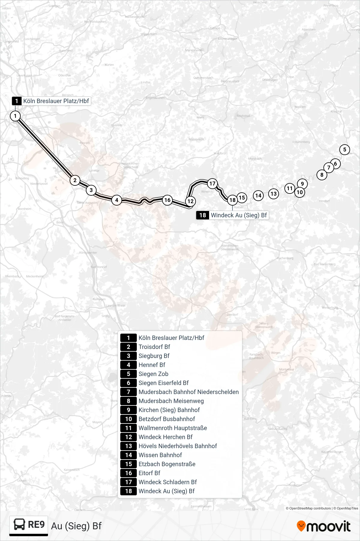RE9 bus Line (Au (Sieg) Bf) route and stops on a map