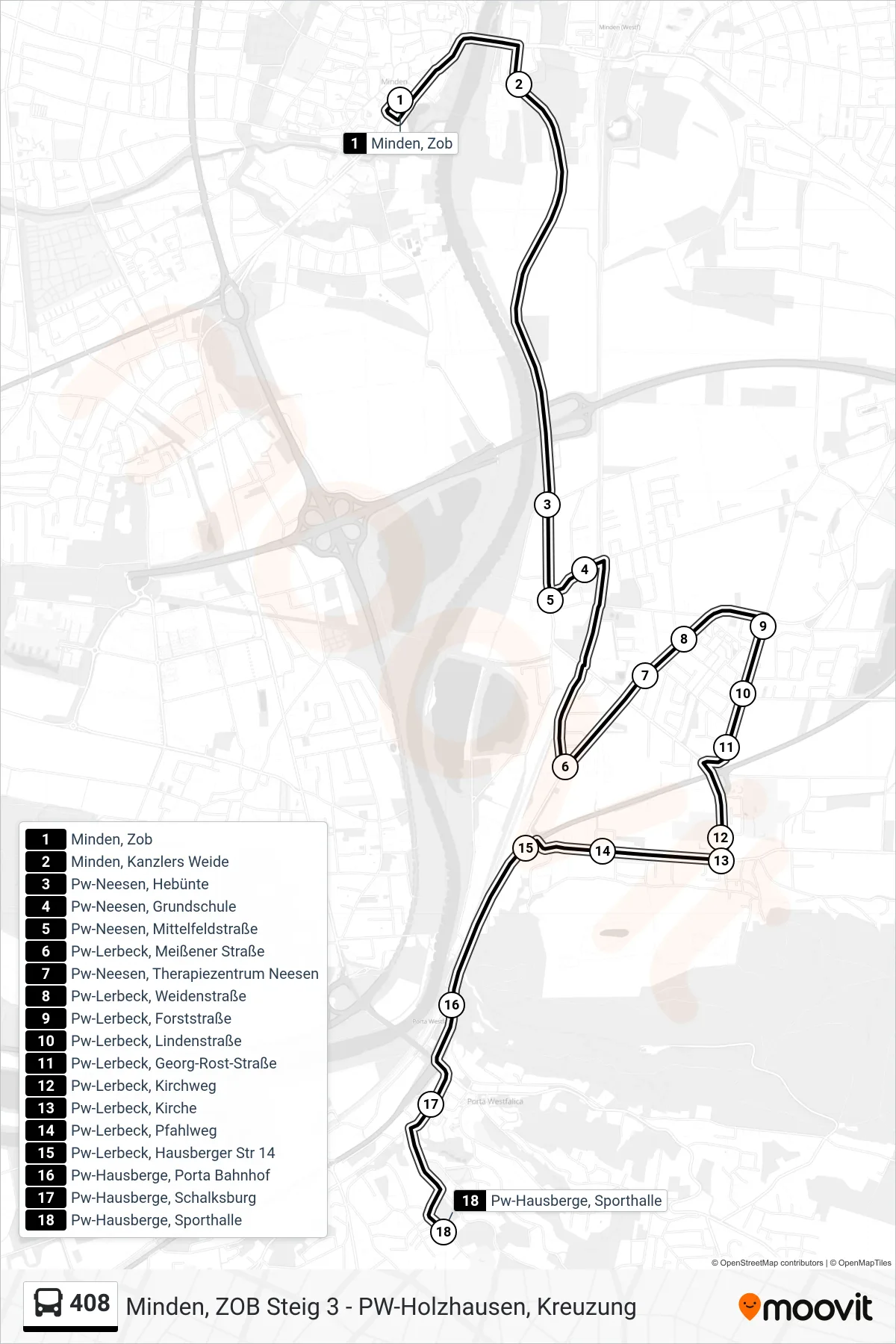 Linie 408 (Bus) Richtung Hausberge Sporthalle: Route und Haltestellen auf der Karte