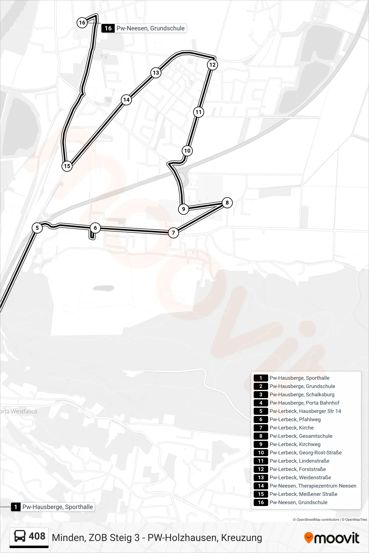 408 bus Line (Neesen Grundschule) route and stops on a map