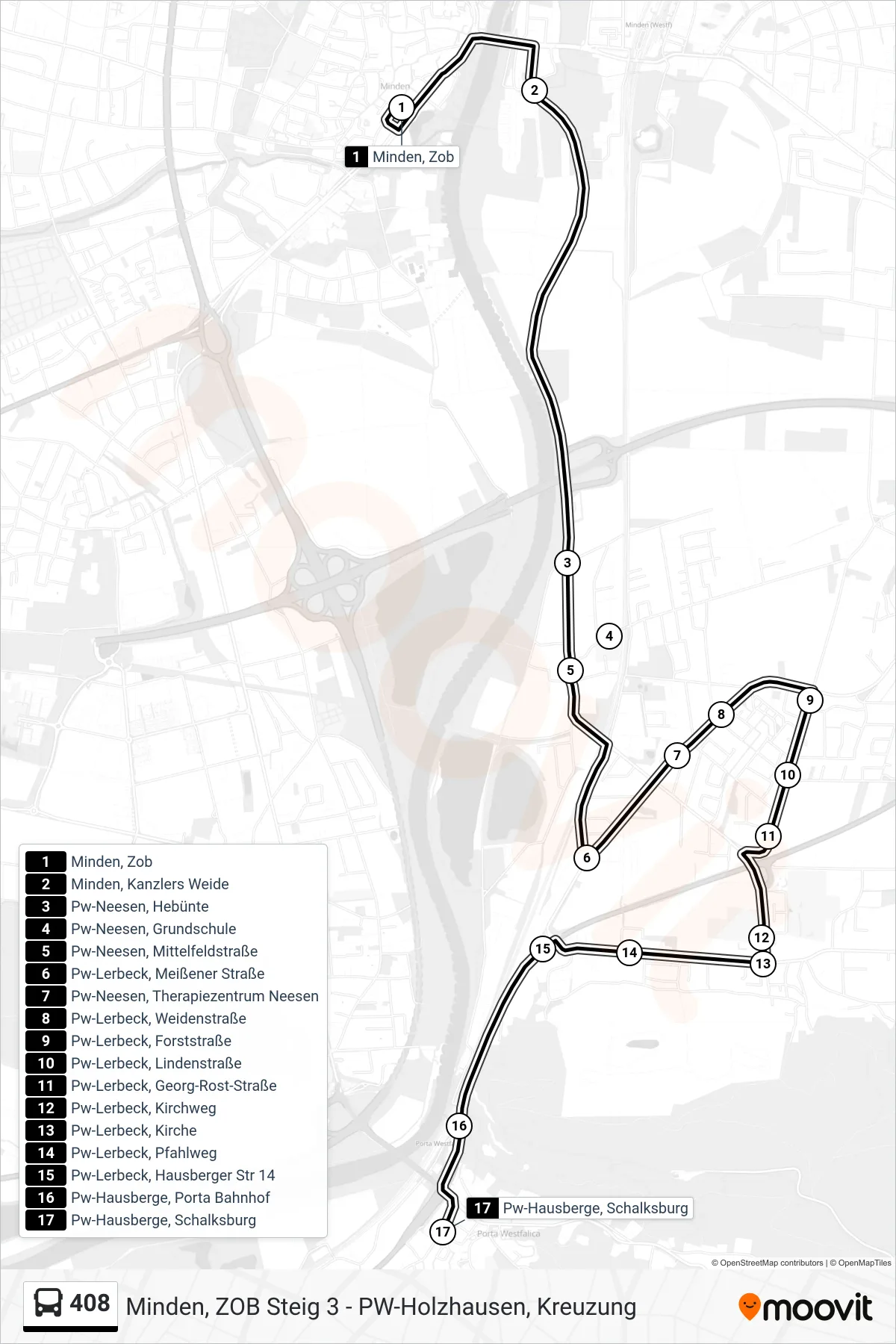 408 bus Line (Hausberge Schalksburg) route and stops on a map