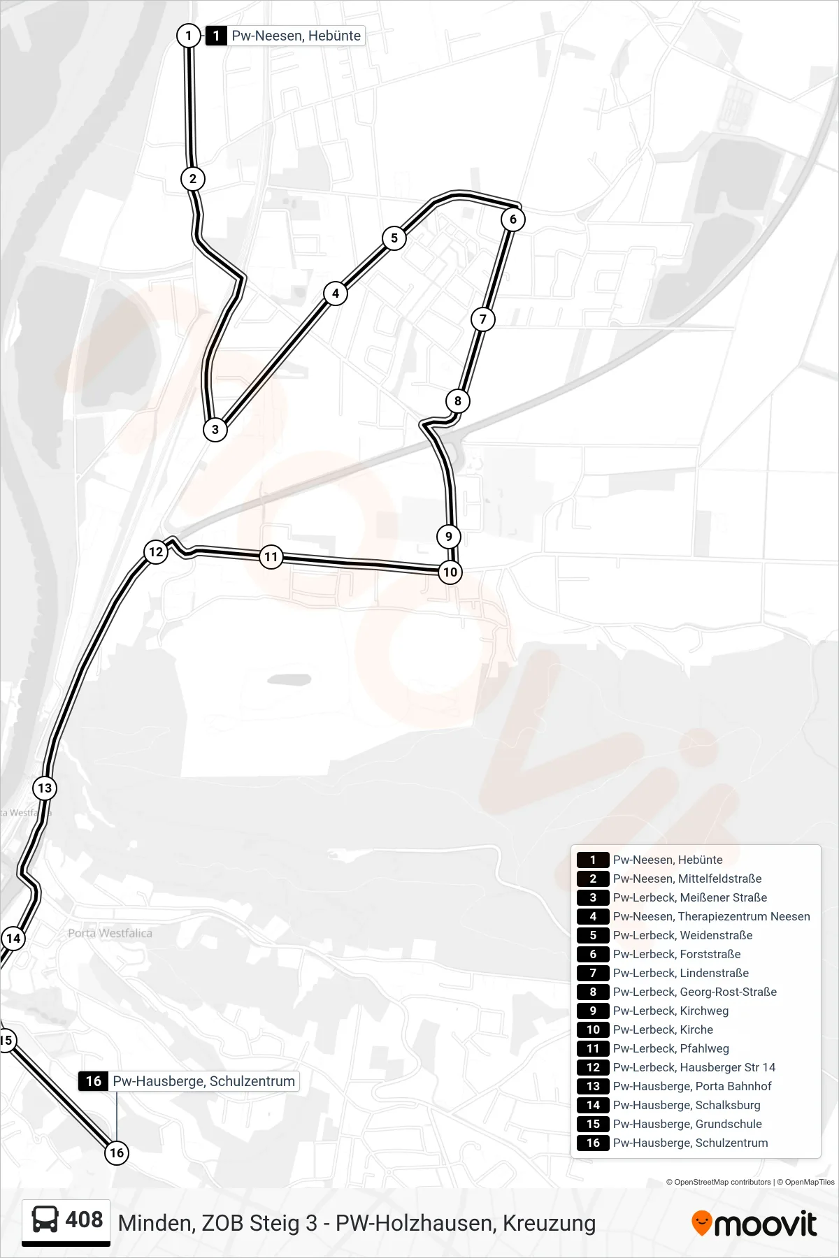 408 bus Line (Hausberge Schulzentrum) route and stops on a map