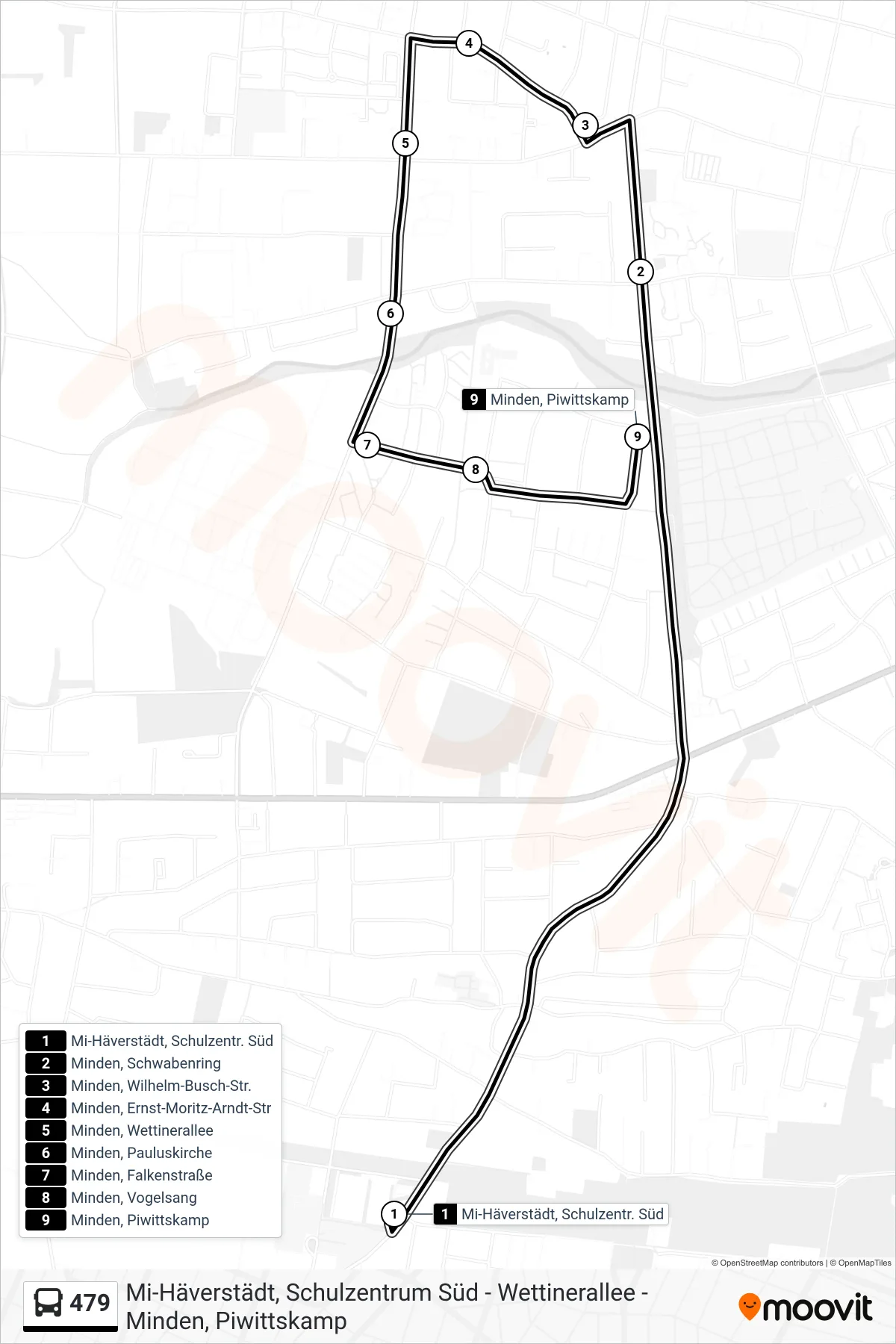 479 bus Line (Minden, Piwittskamp) route and stops on a map