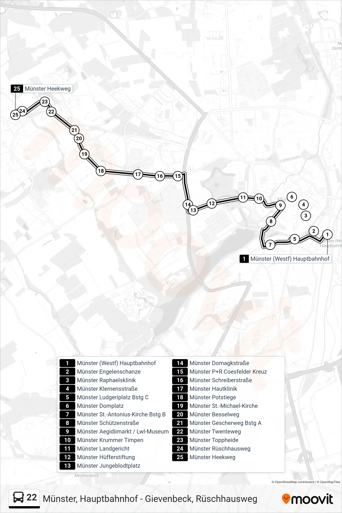 Linie 22 (Bus) Richtung Münster Heekweg: Route und Haltestellen auf der Karte