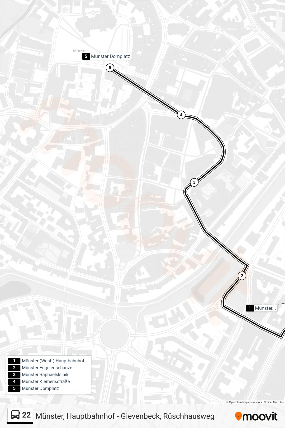 22 bus Line (Münster Domplatz) route and stops on a map