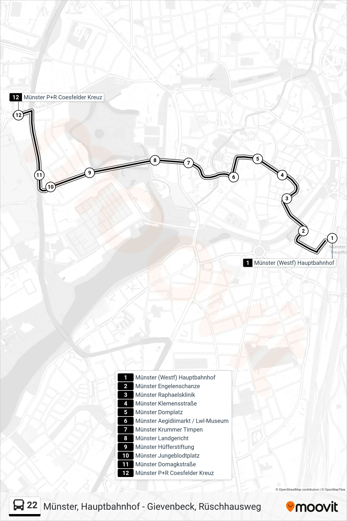 22 bus Line (Münster P+R Coesfelder Kreuz Bstg B) route and stops on a map
