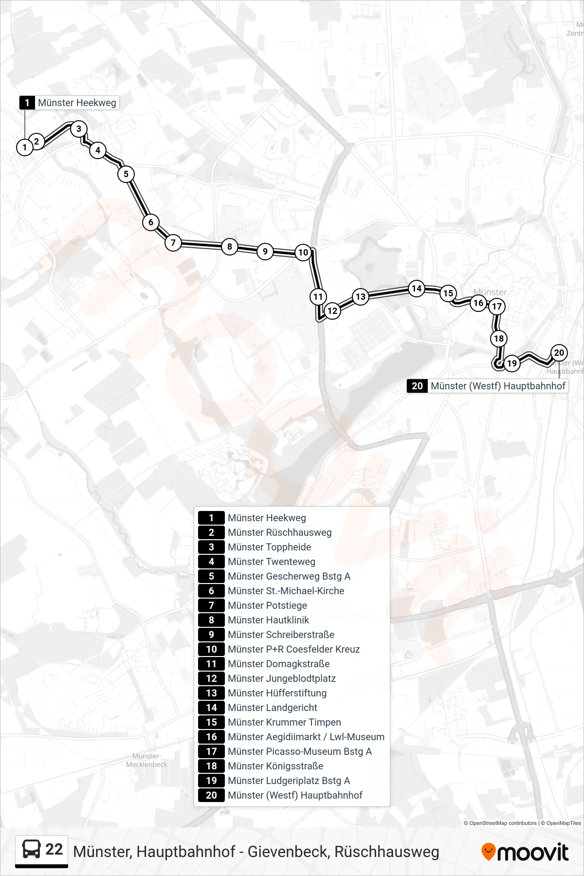 22 bus Line (Münster (Westf) Hauptbahnhof Bstg A) route and stops on a map