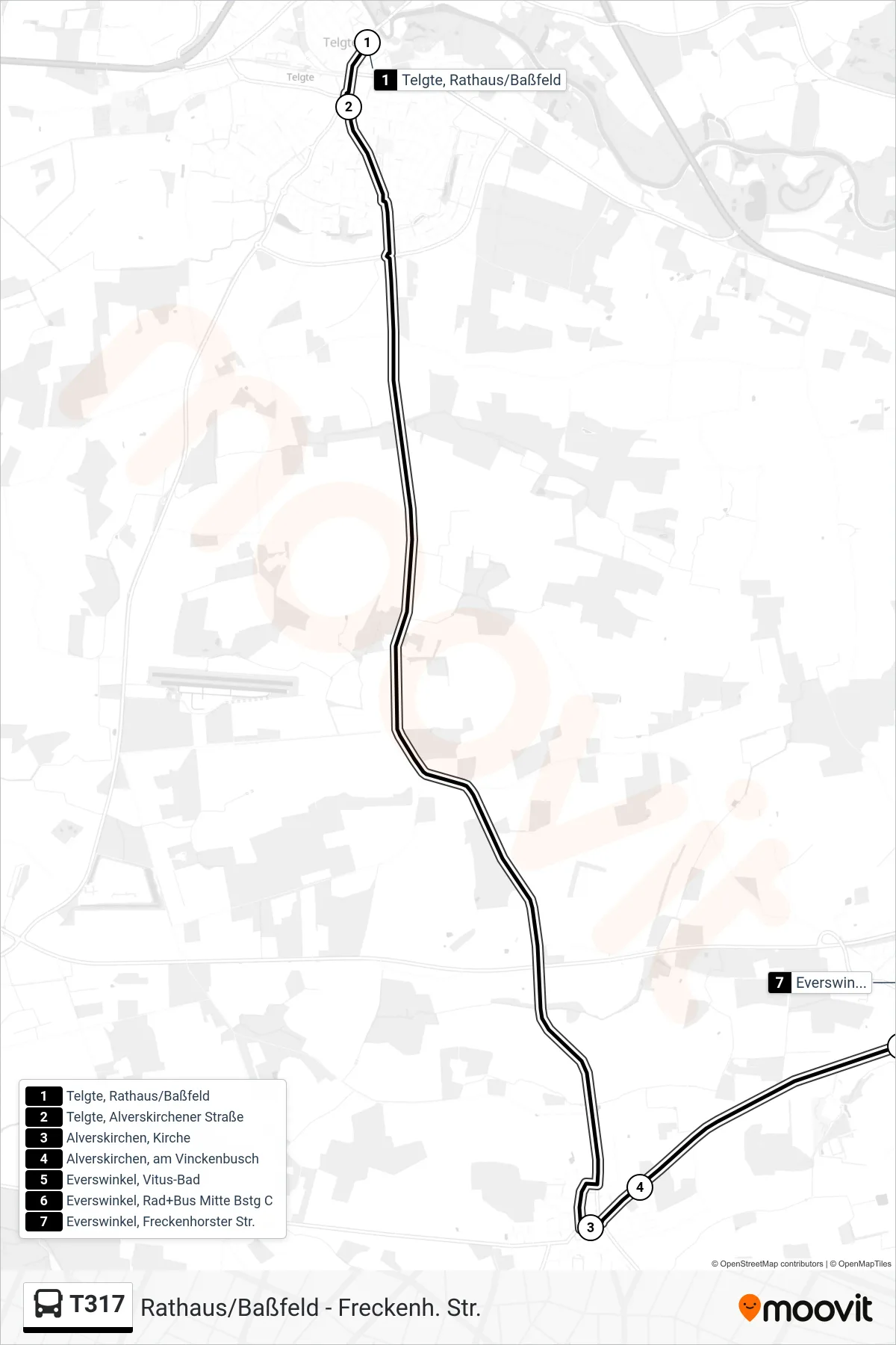 Linie T317 (Bus) Richtung Everswinkel, Freckenhorster Str.: Route und Haltestellen auf der Karte