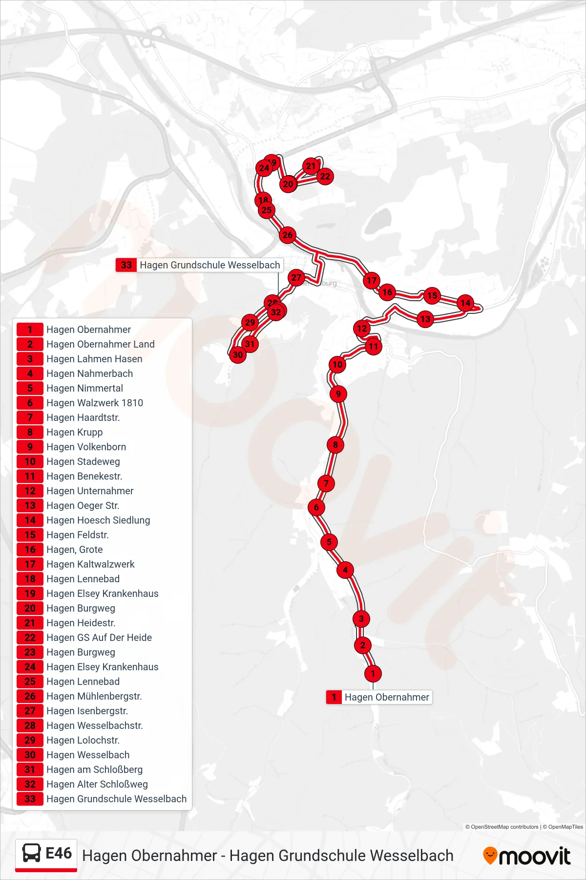Linie E46 (Bus) Richtung Hagen Grundschule Wesselbach: Route und Haltestellen auf der Karte