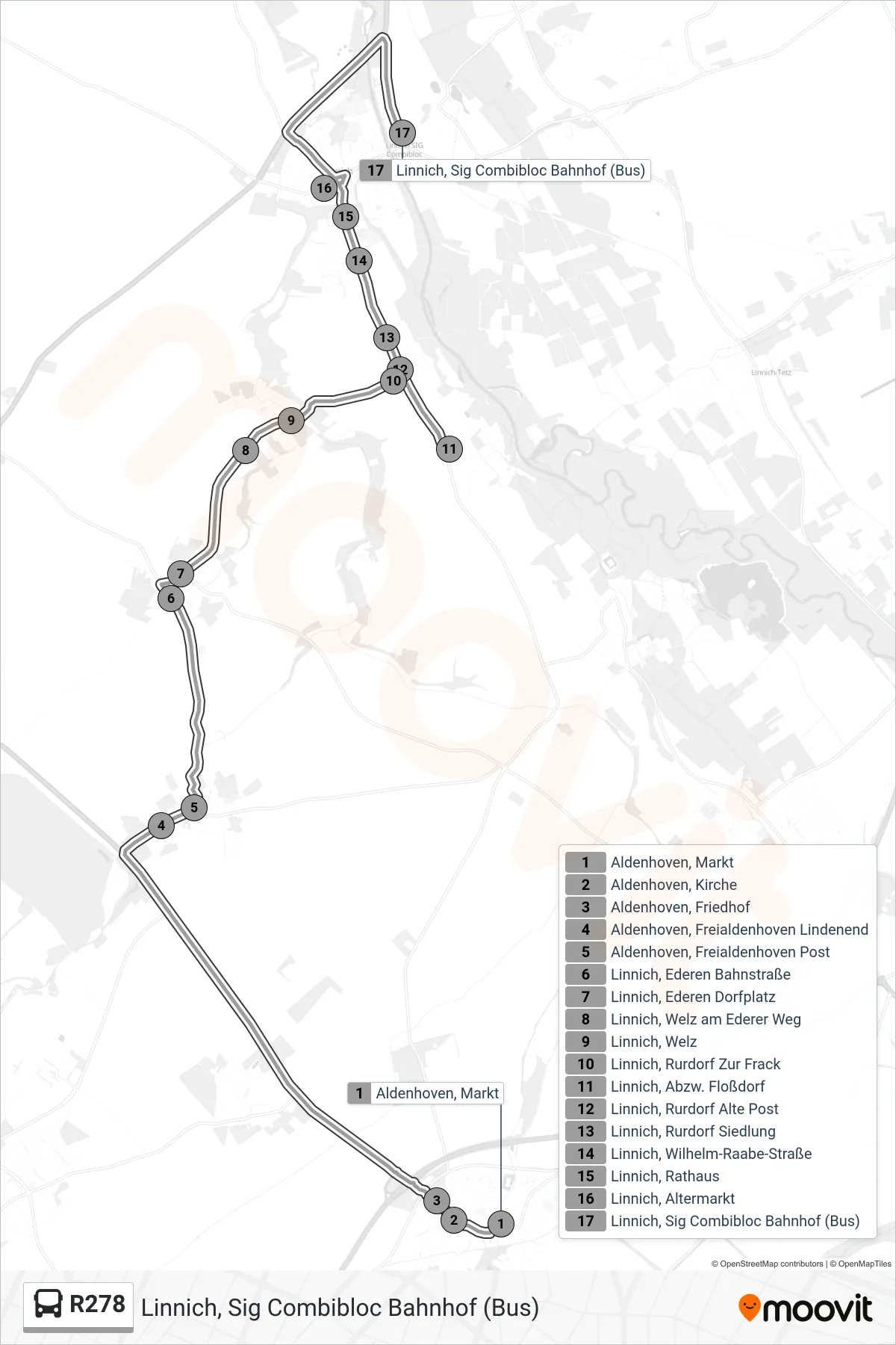 R278 bus Line (Linnich, Sig Combibloc Bahnhof (Bus)) route and stops on a map