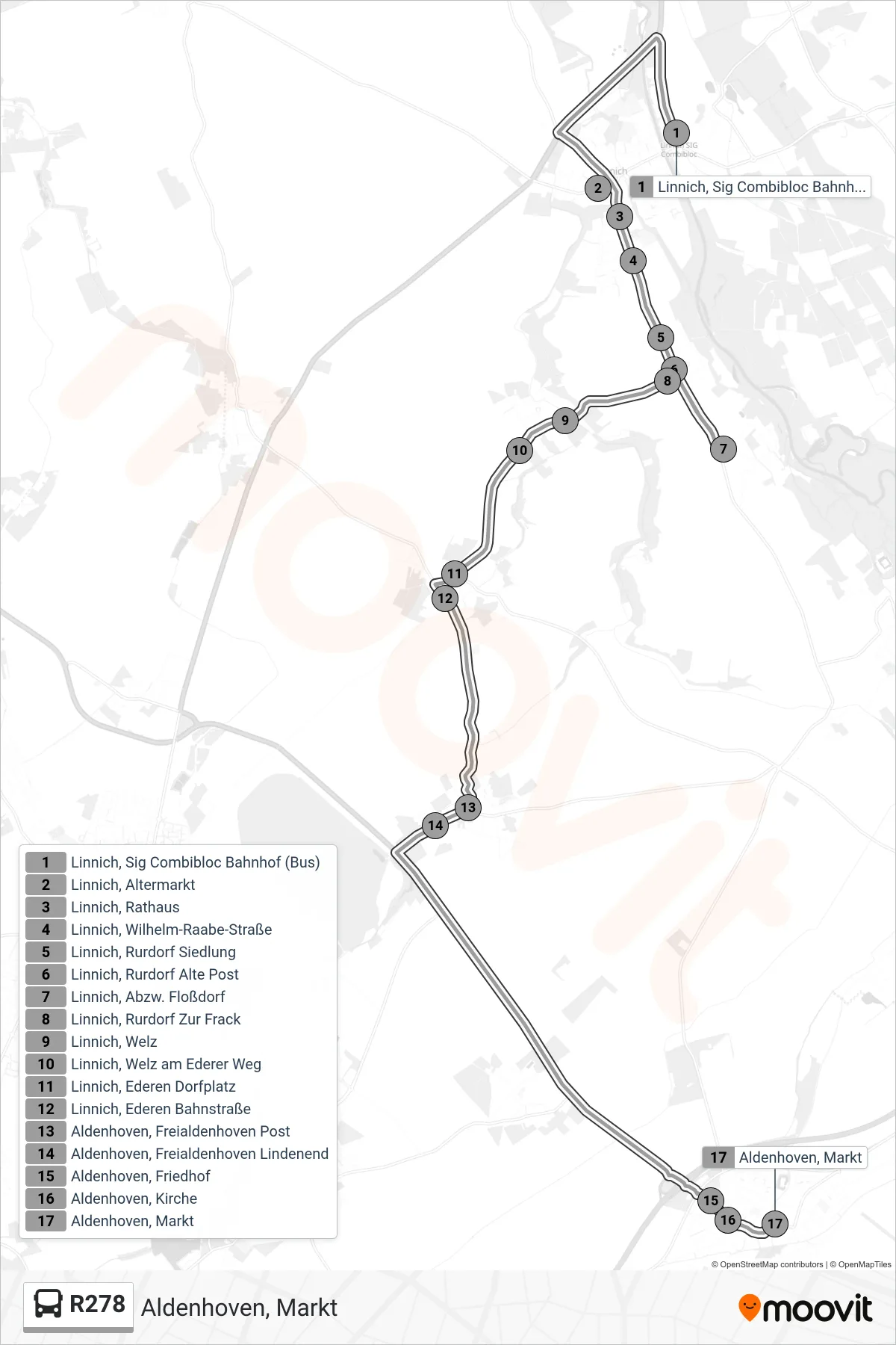Linie R278 (Bus) Richtung Aldenhoven, Markt: Route und Haltestellen auf der Karte