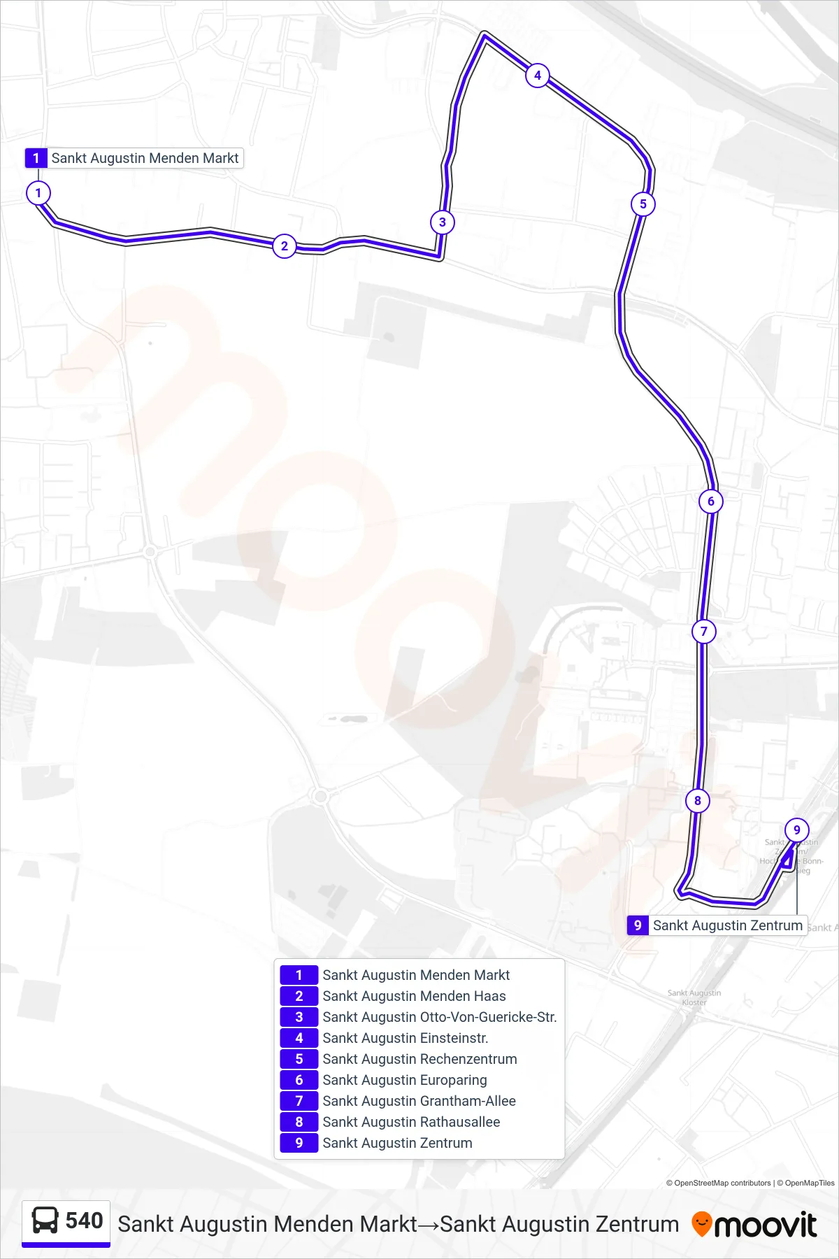 Linie 540 (Bus) Richtung Sankt Augustin Menden Markt→Sankt Augustin Zentrum: Route und Haltestellen auf der Karte