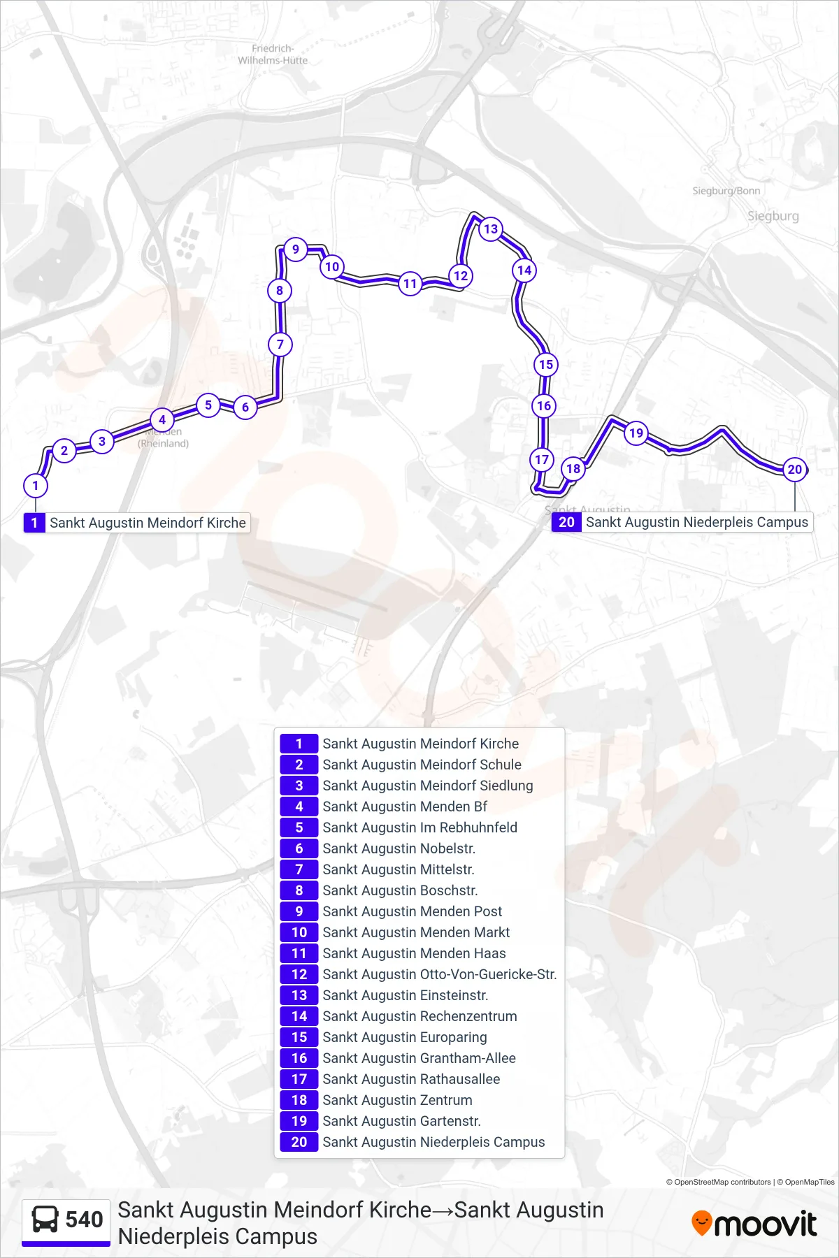 Linie 540 (Bus) Richtung Sankt Augustin Meindorf Kirche→Sankt Augustin Niederpleis Campus: Route und Haltestellen auf der Karte