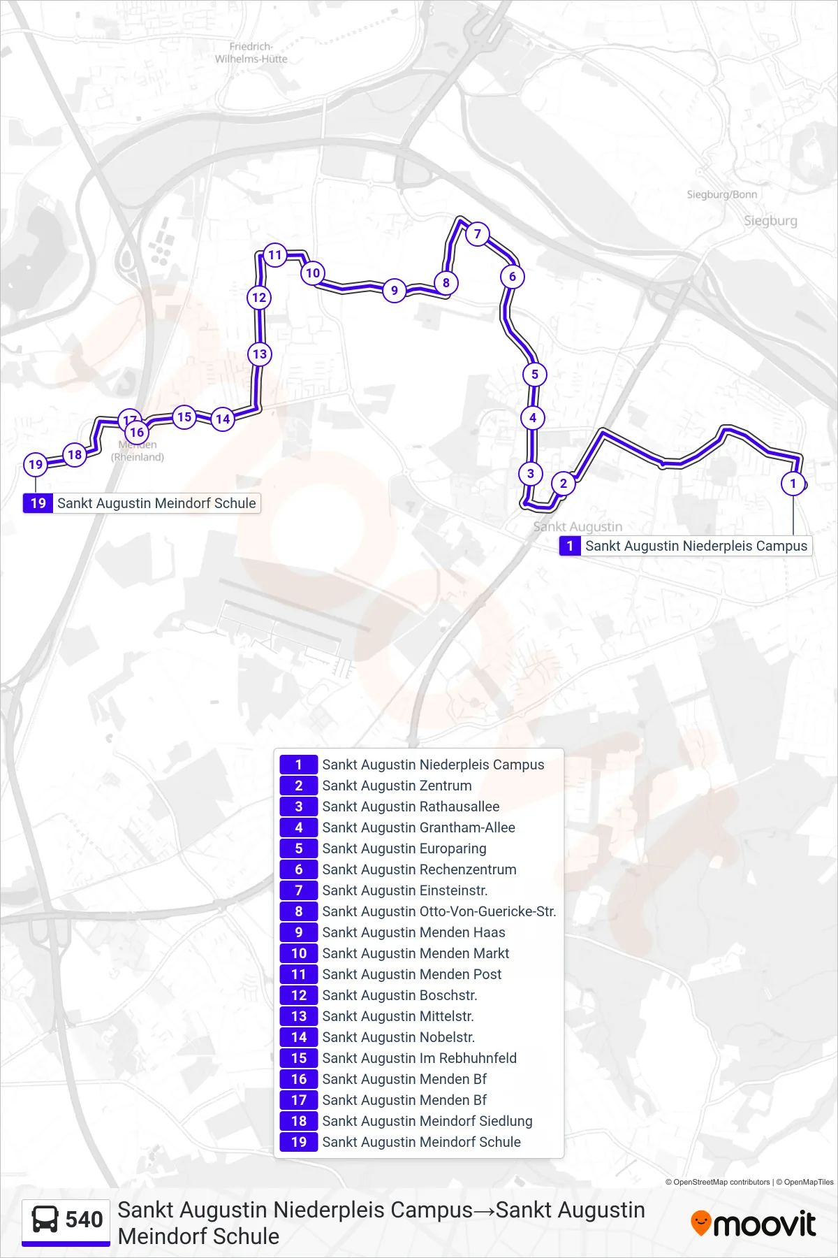 Linie 540 (Bus) Richtung Sankt Augustin Niederpleis Campus→Sankt Augustin Meindorf Schule: Route und Haltestellen auf der Karte