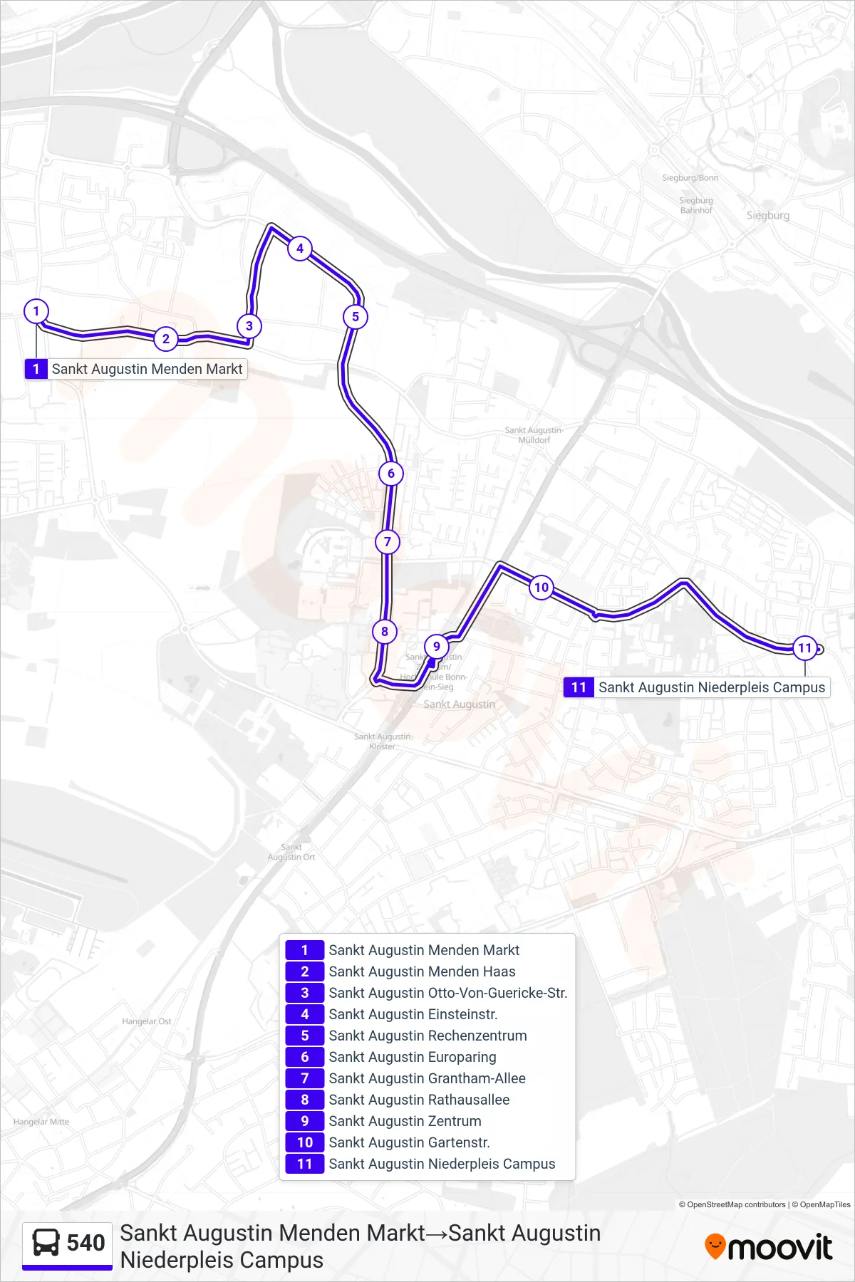Linie 540 (Bus) Richtung Sankt Augustin Menden Markt→Sankt Augustin Niederpleis Campus: Route und Haltestellen auf der Karte