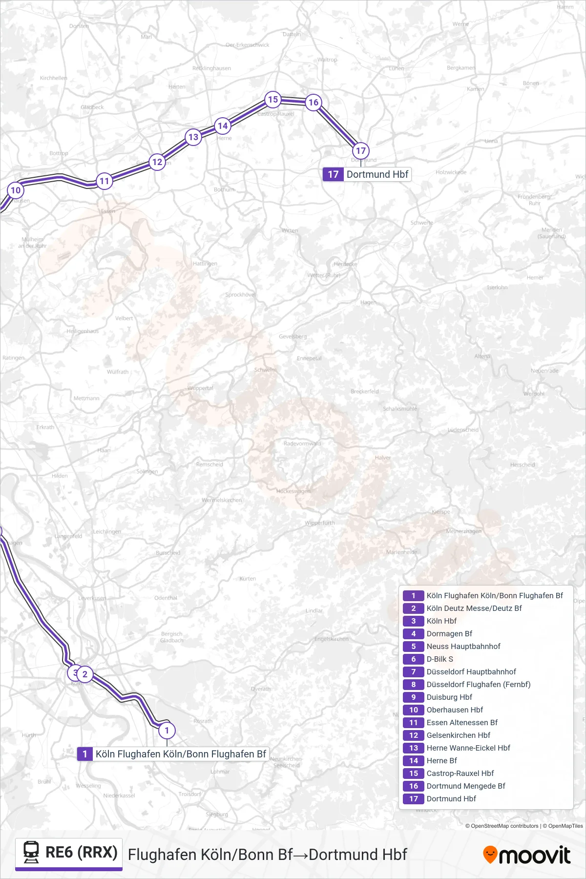 RE6 (RRX) rail Line (Flughafen Köln/Bonn Bf→Dortmund Hbf) route and stops on a map