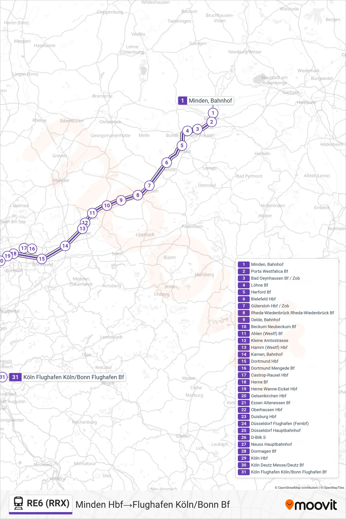 RE6 (RRX) train Line (Minden Hbf‎→Flughafen Köln/Bonn Bf) route and stops on a map