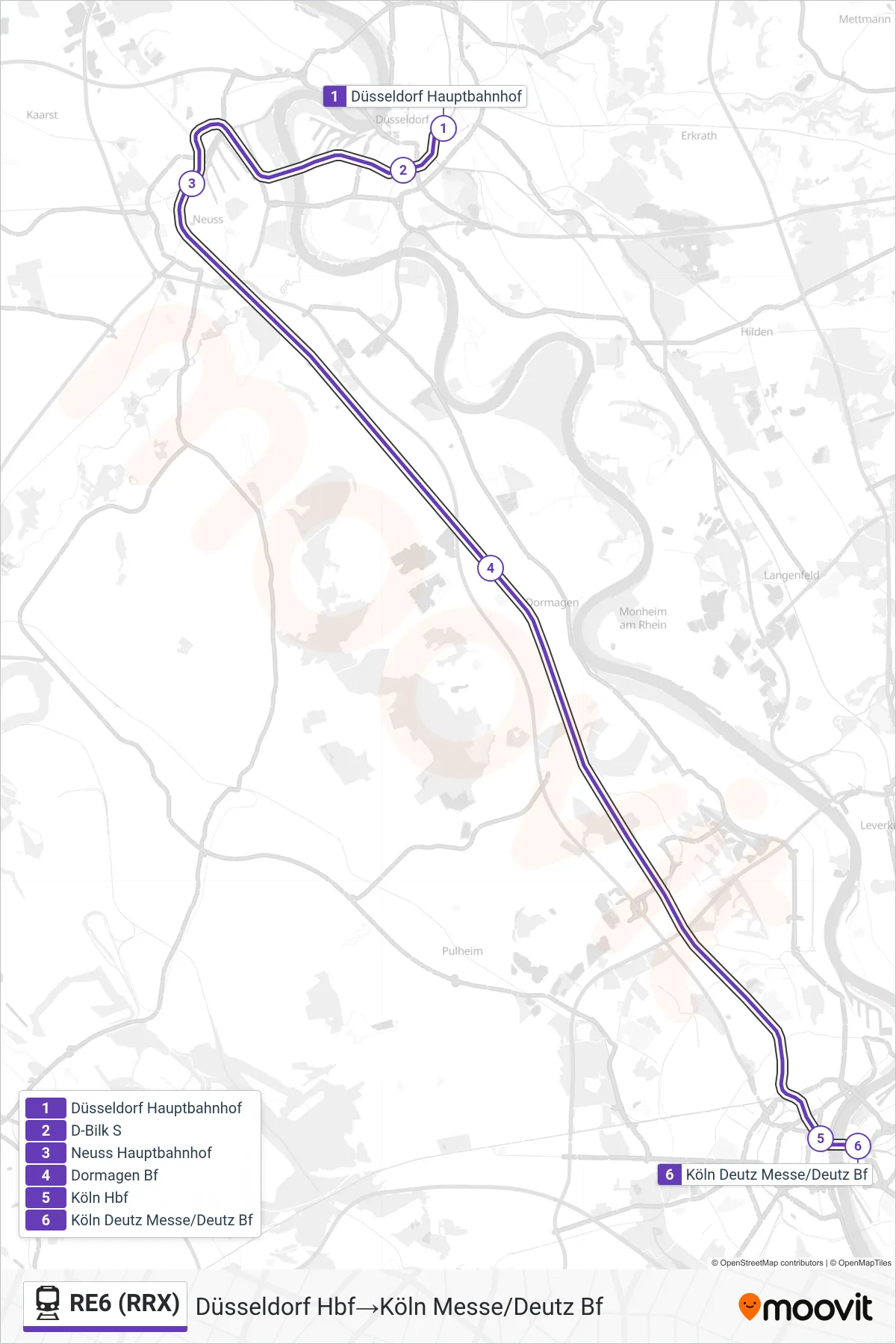 RE6 (RRX) train Line (Düsseldorf Hbf→Köln Messe/Deutz Bf) route and stops on a map