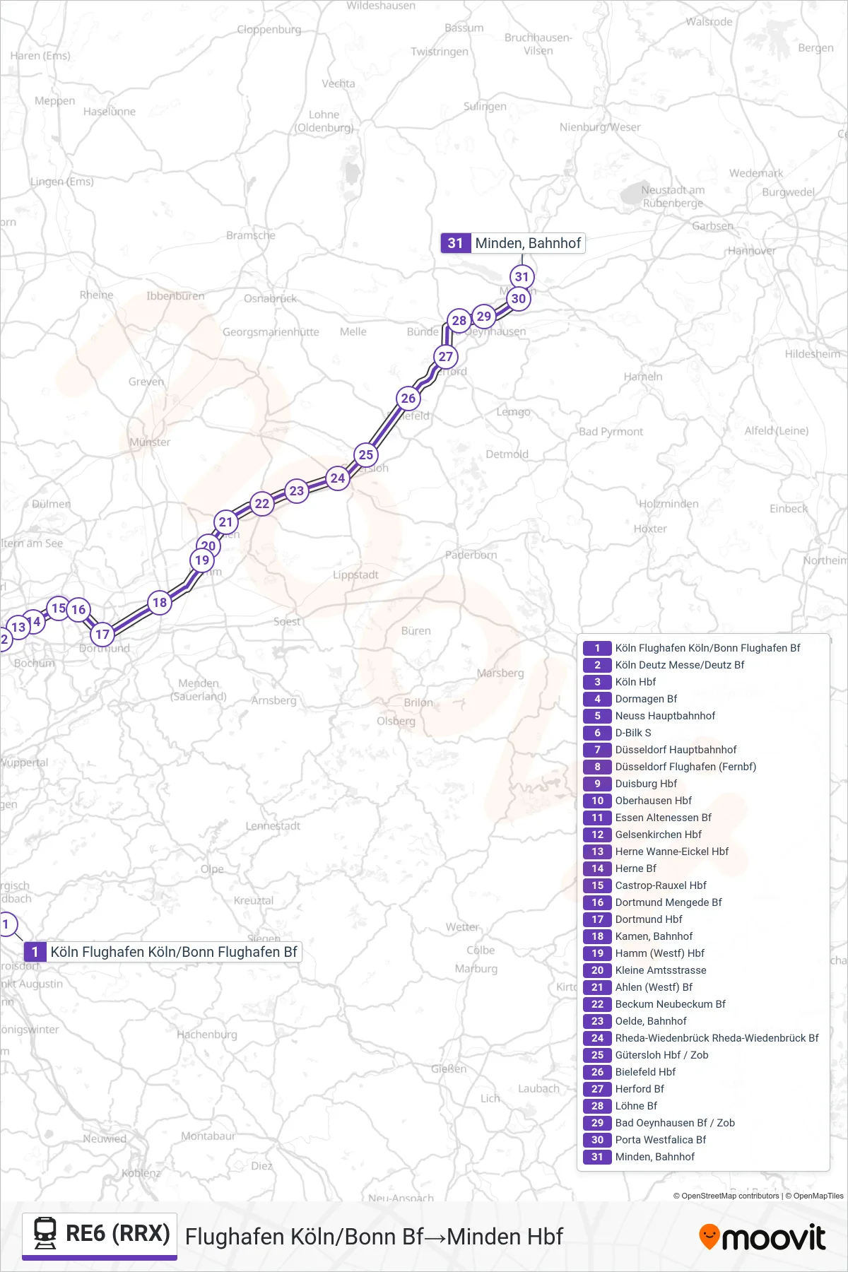 RE6 (RRX) train Line (Flughafen Köln/Bonn Bf→Minden Hbf) route and stops on a map