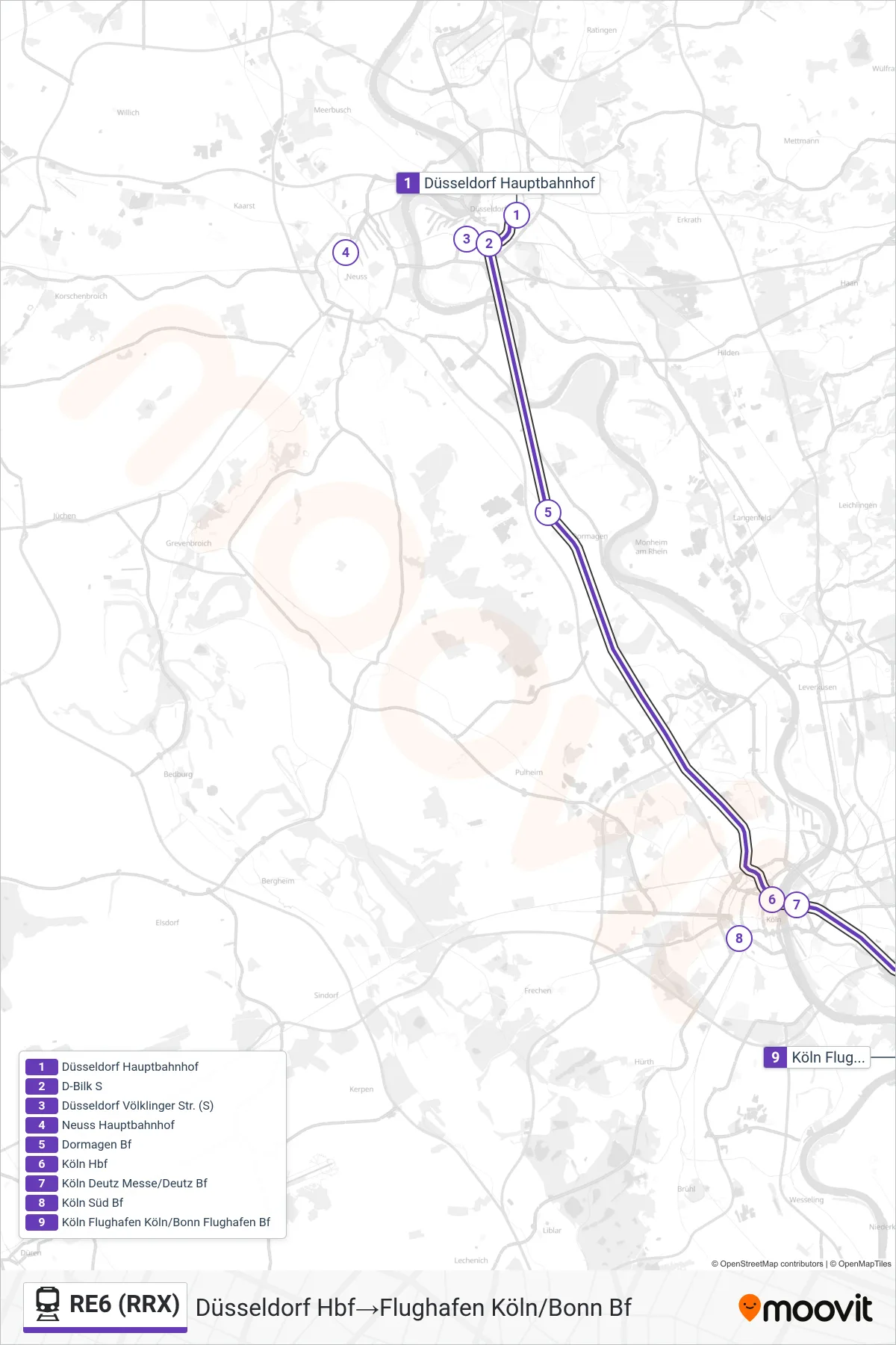 RE6 (RRX) train Line (Düsseldorf Hbf→Flughafen Köln/Bonn Bf) route and stops on a map